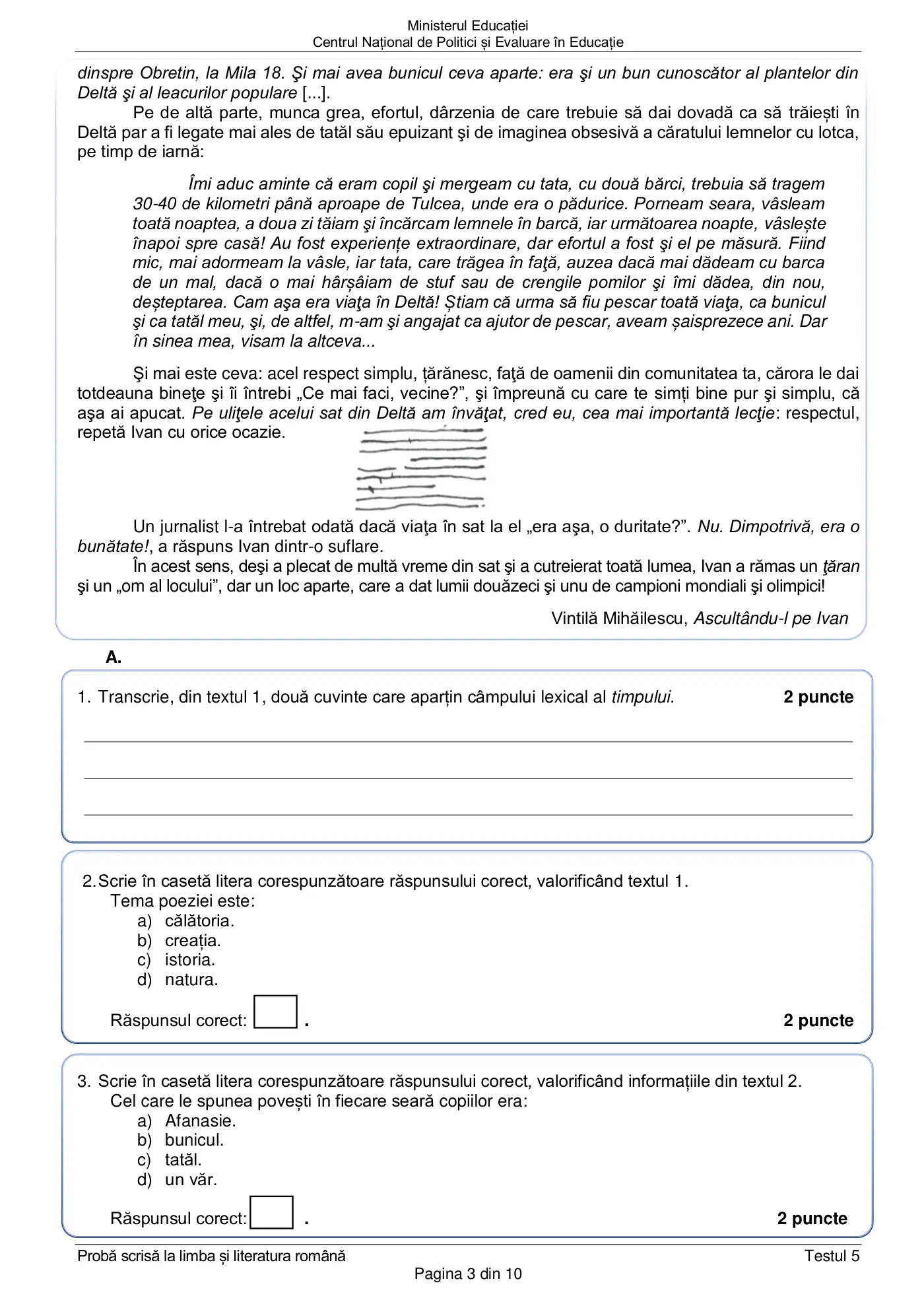 Pagina 3 din subiectul test de antrenament 5, limba și literatura română, februarie 2021