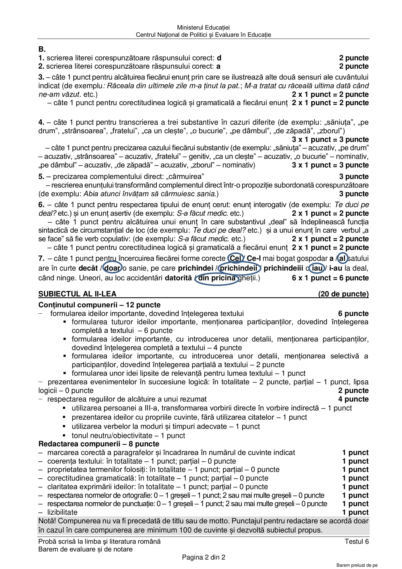 Pagina 2 din baremul pentru test de antrenament 6, limba și literatura română, martie 2021