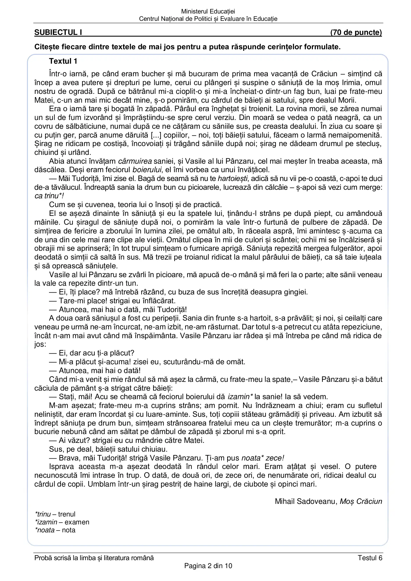 Pagina 2 din subiectul test de antrenament 6, limba și literatura română, martie 2021