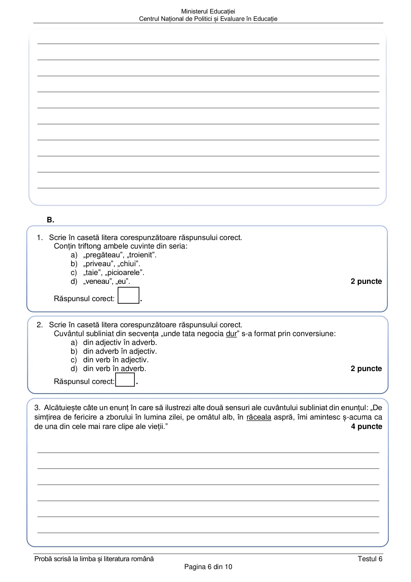 Pagina 6 din subiectul test de antrenament 6, limba și literatura română, martie 2021