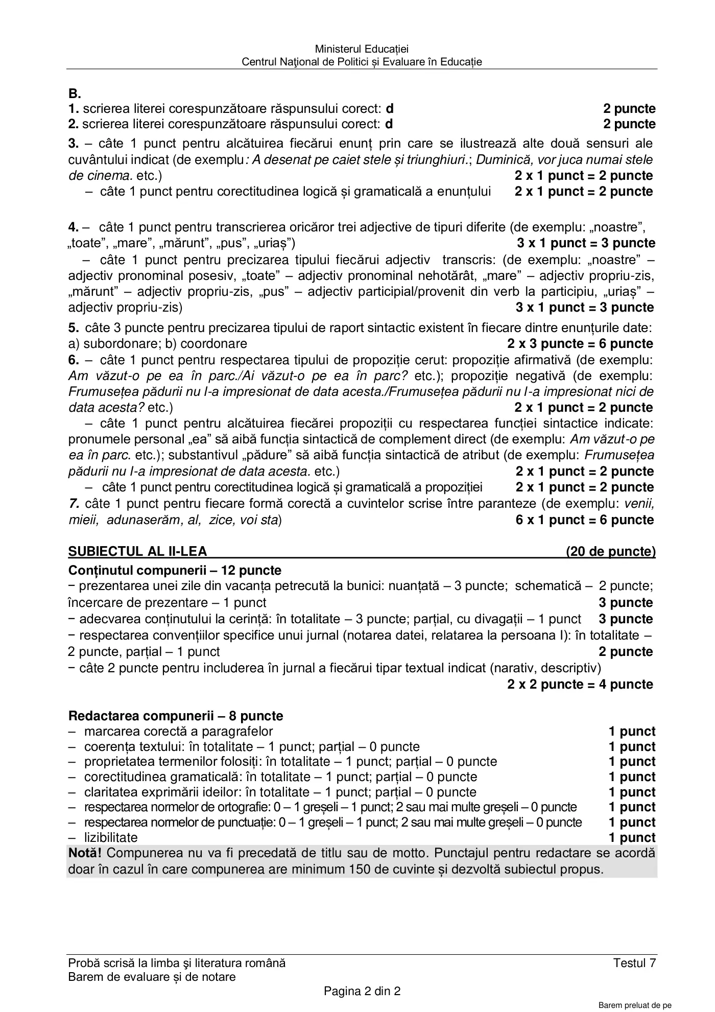 Pagina 2 din baremul pentru test de antrenament 7, limba și literatura română, martie 2021