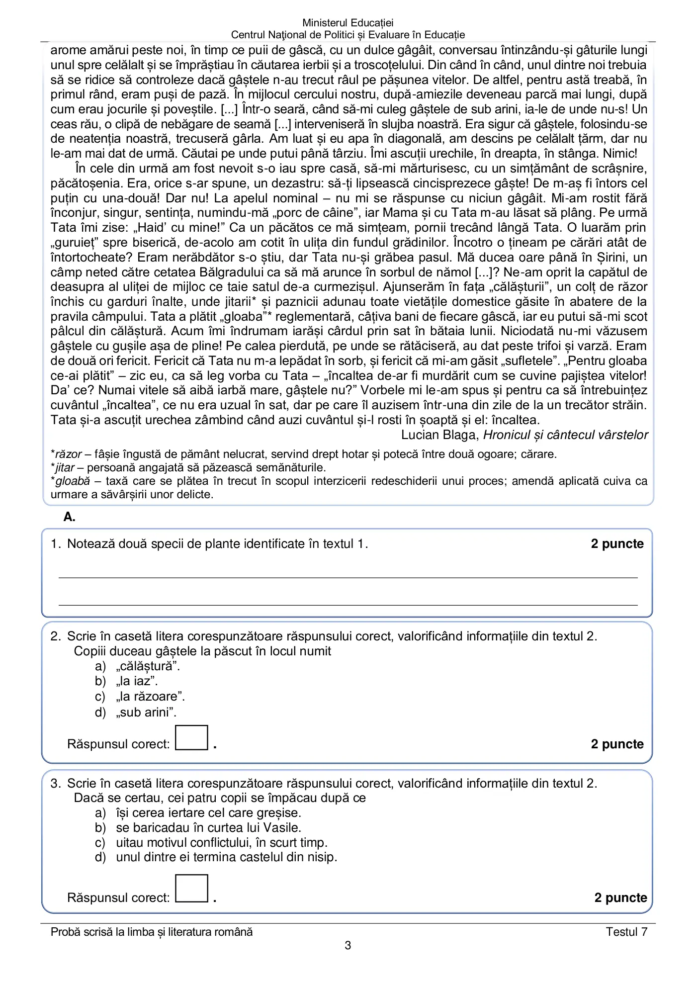 Pagina 3 din subiectul test de antrenament 7, limba și literatura română, martie 2021