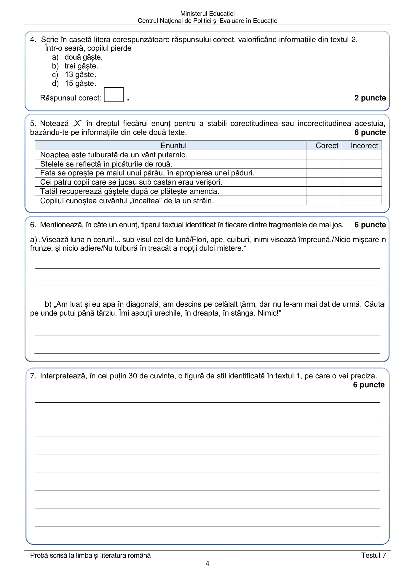 Pagina 4 din subiectul test de antrenament 7, limba și literatura română, martie 2021