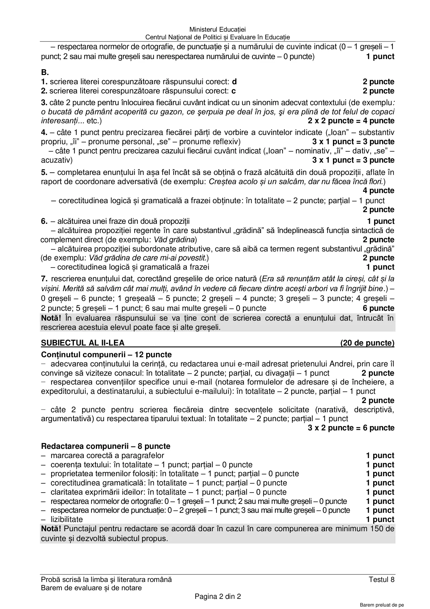 Pagina 2 din baremul pentru test de antrenament 8, limba și literatura română, martie 2021