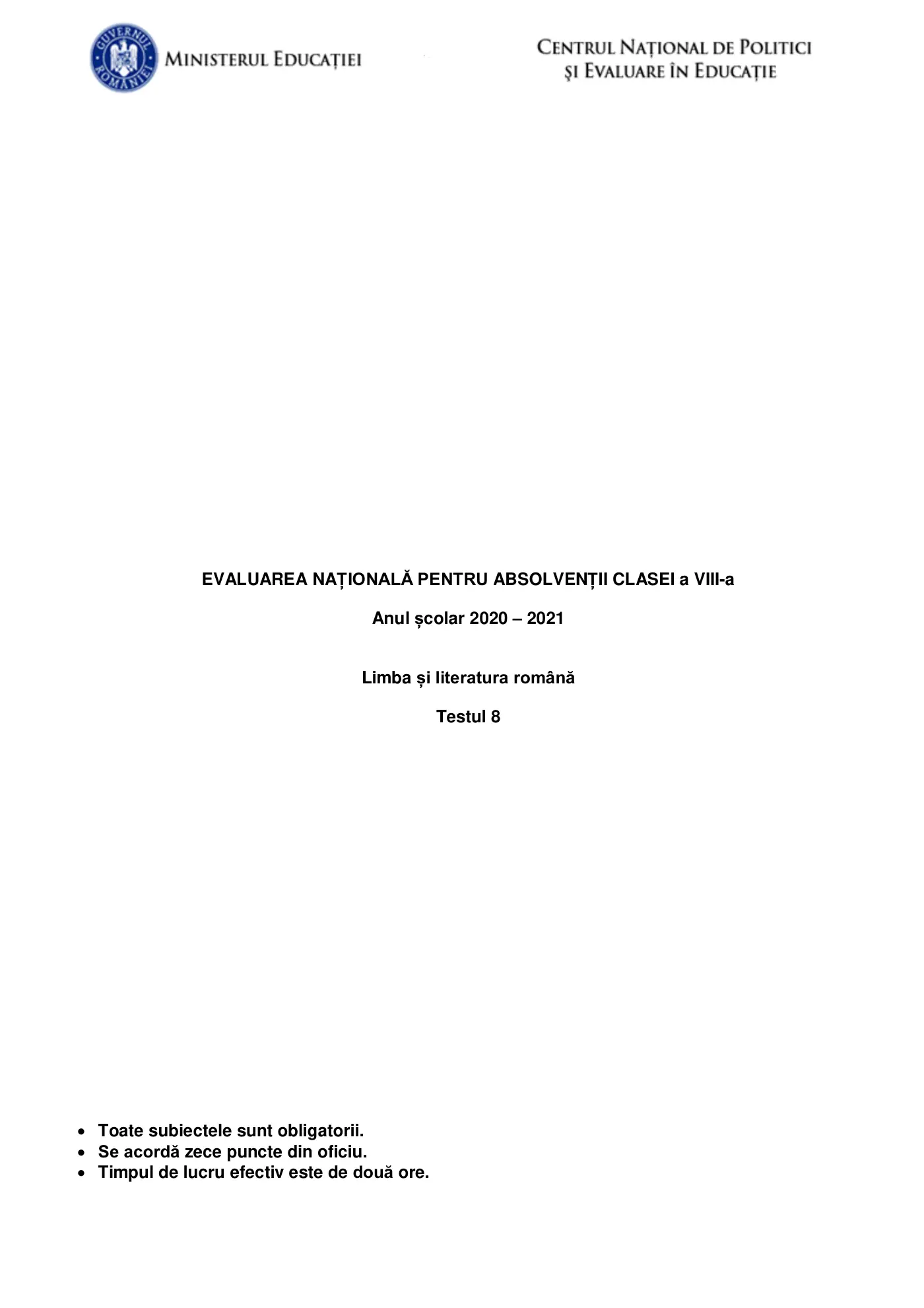 Pagina 1 din subiectul test de antrenament 8, limba și literatura română, martie 2021