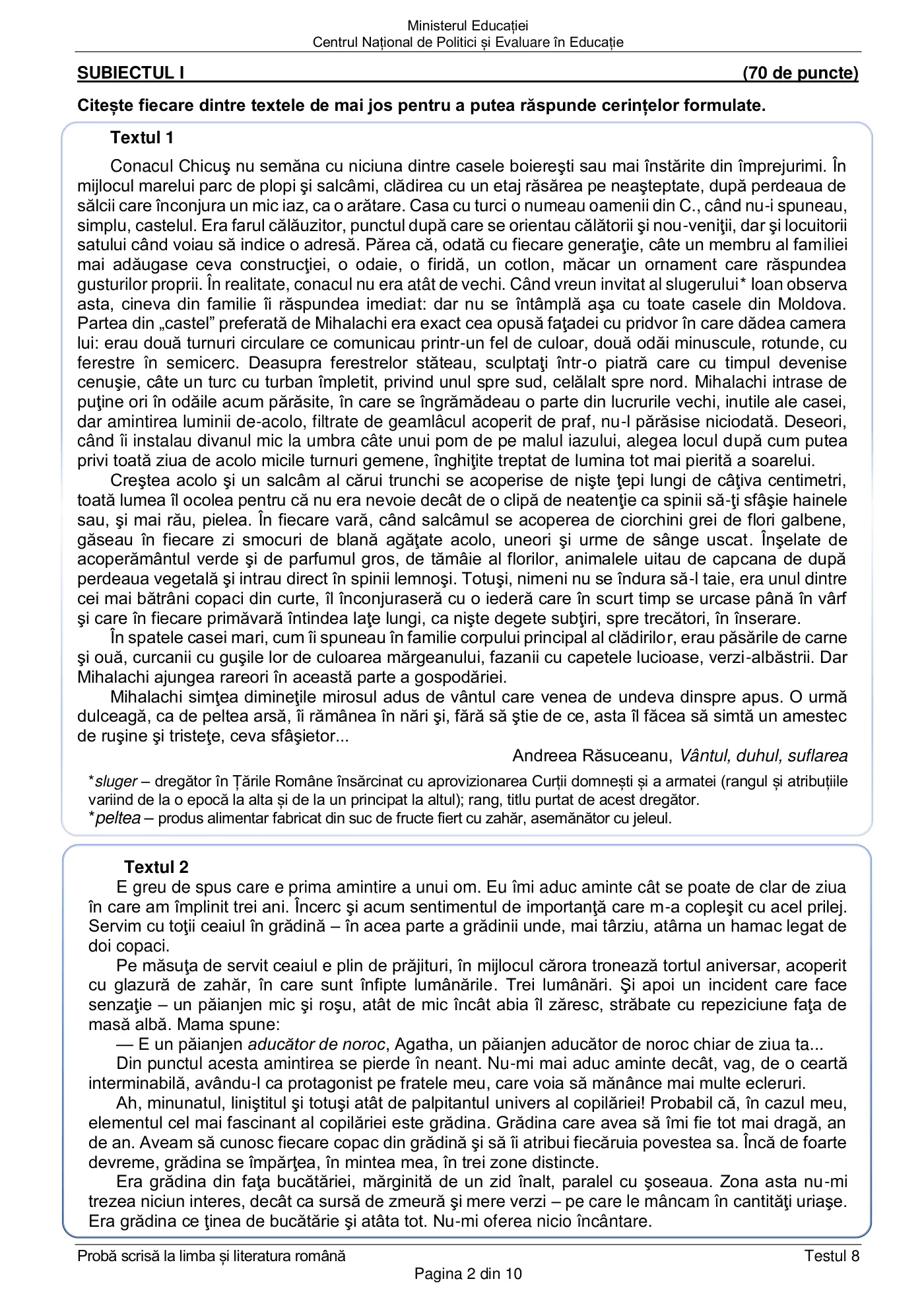 Pagina 2 din subiectul test de antrenament 8, limba și literatura română, martie 2021