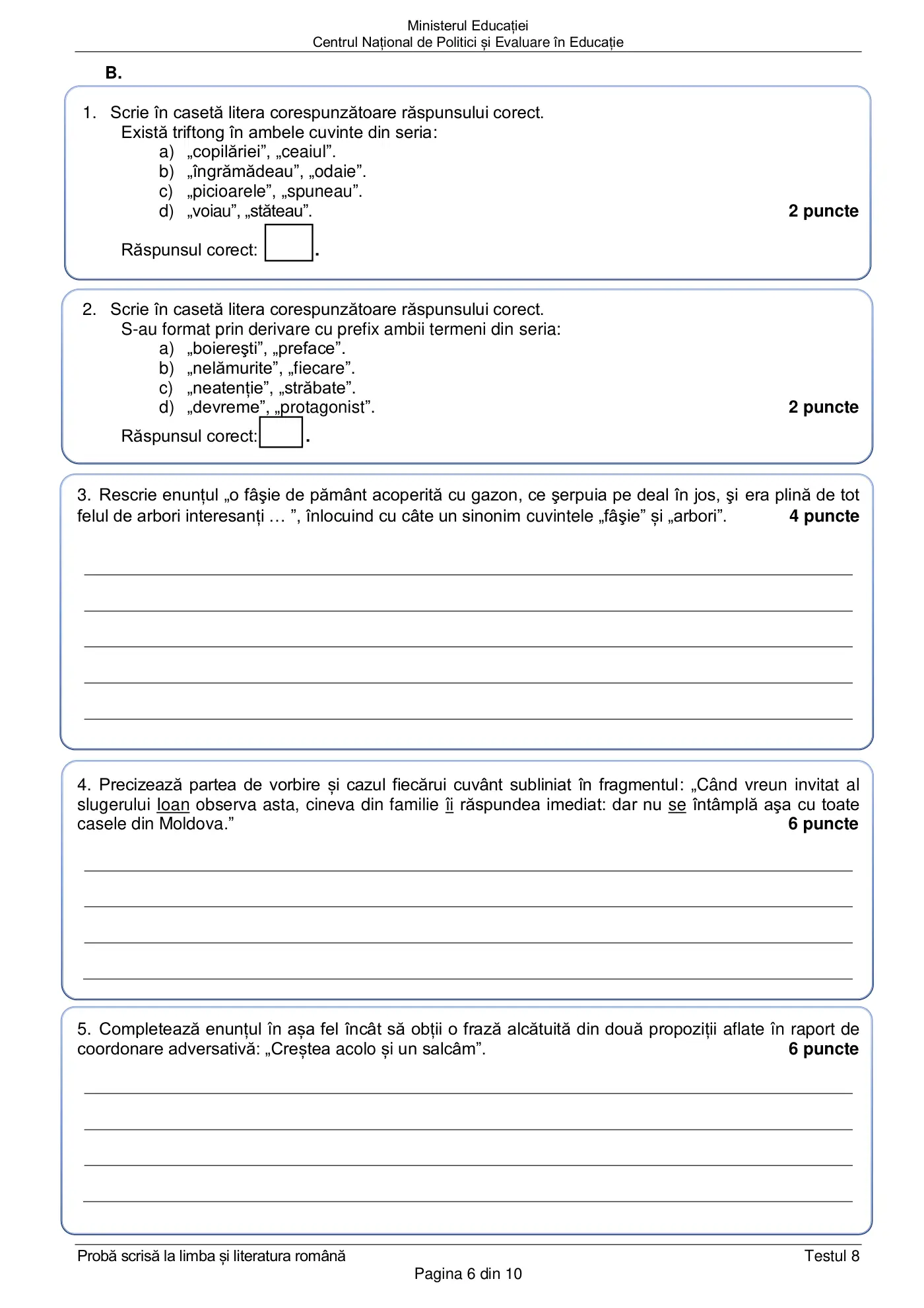 Pagina 6 din subiectul test de antrenament 8, limba și literatura română, martie 2021