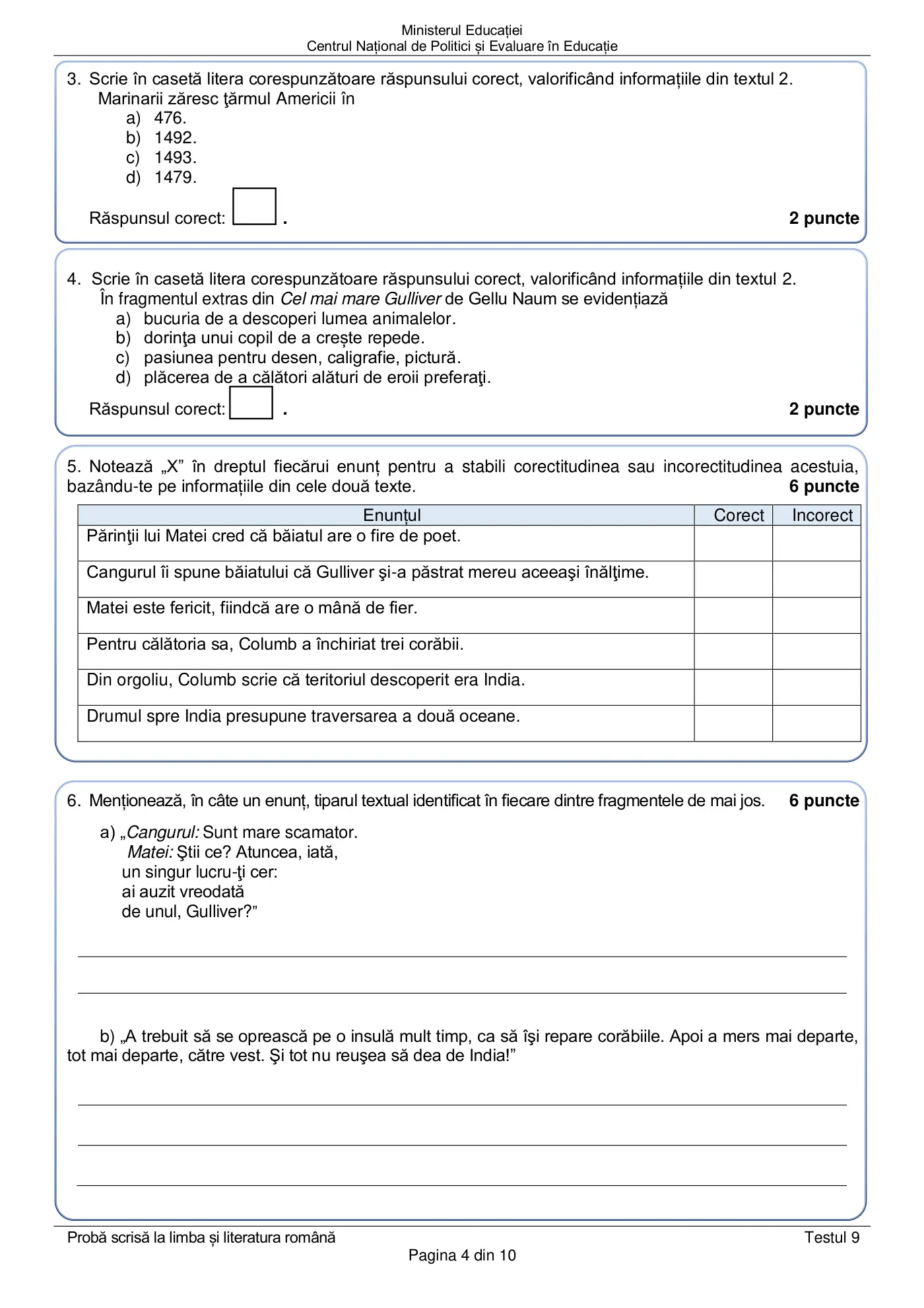 Pagina 4 din subiectul test de antrenament 9, limba și literatura română, martie 2021