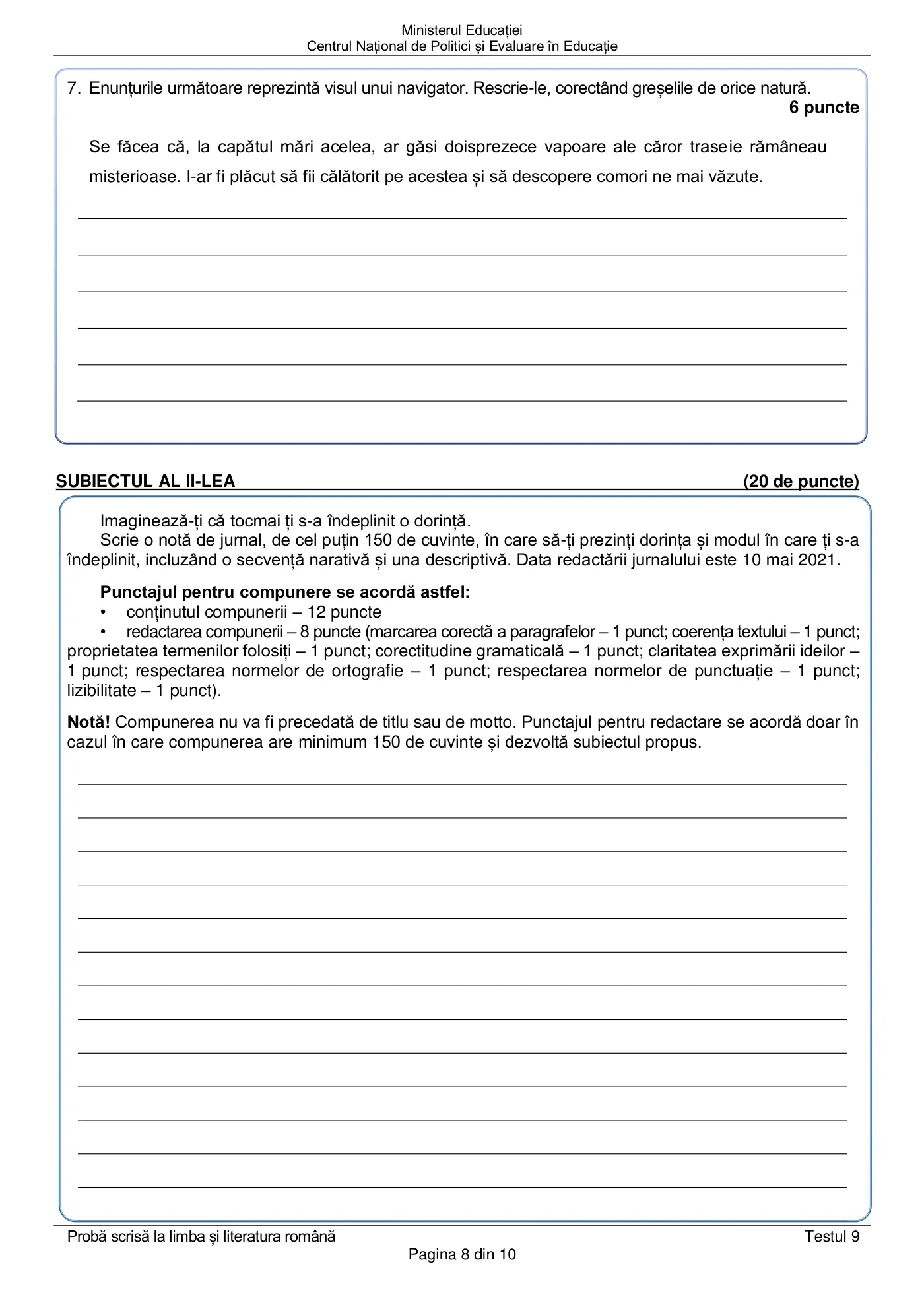 Pagina 8 din subiectul test de antrenament 9, limba și literatura română, martie 2021