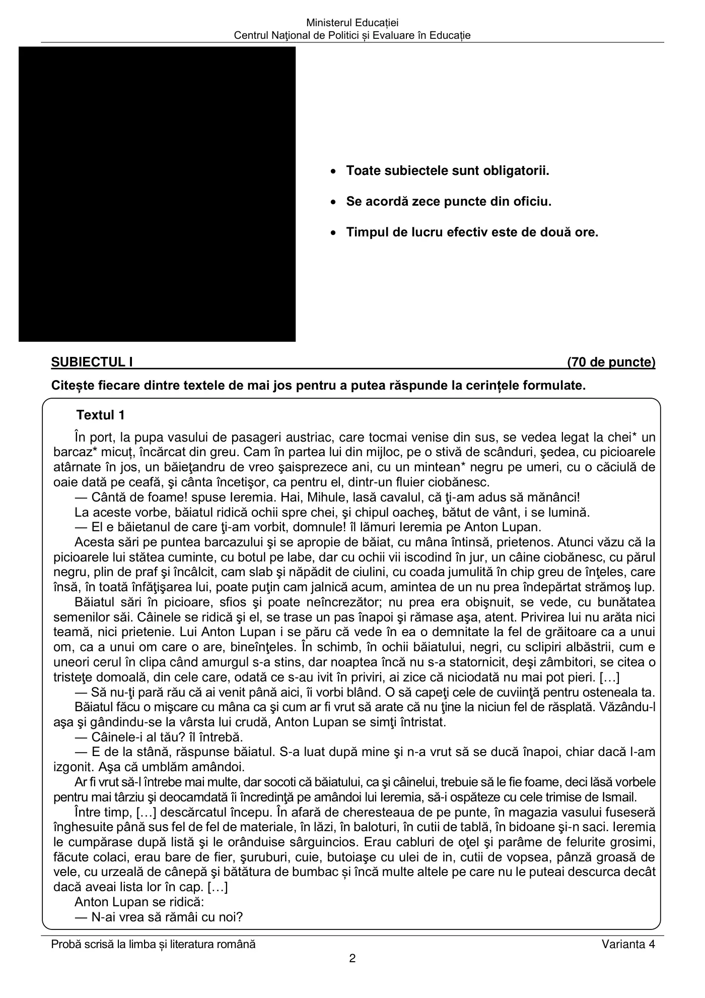 Pagina 2 din subiectul examen oficial (sesiunea iunie), limba și literatura română, 14 iunie 2022