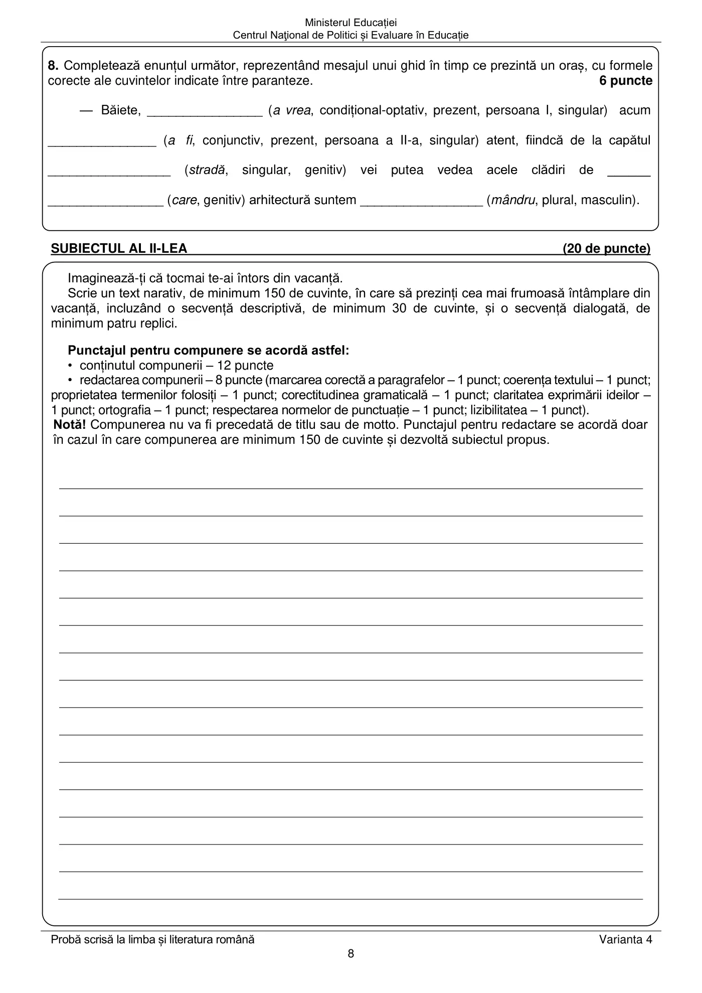 Pagina 8 din subiectul examen oficial (sesiunea iunie), limba și literatura română, 14 iunie 2022