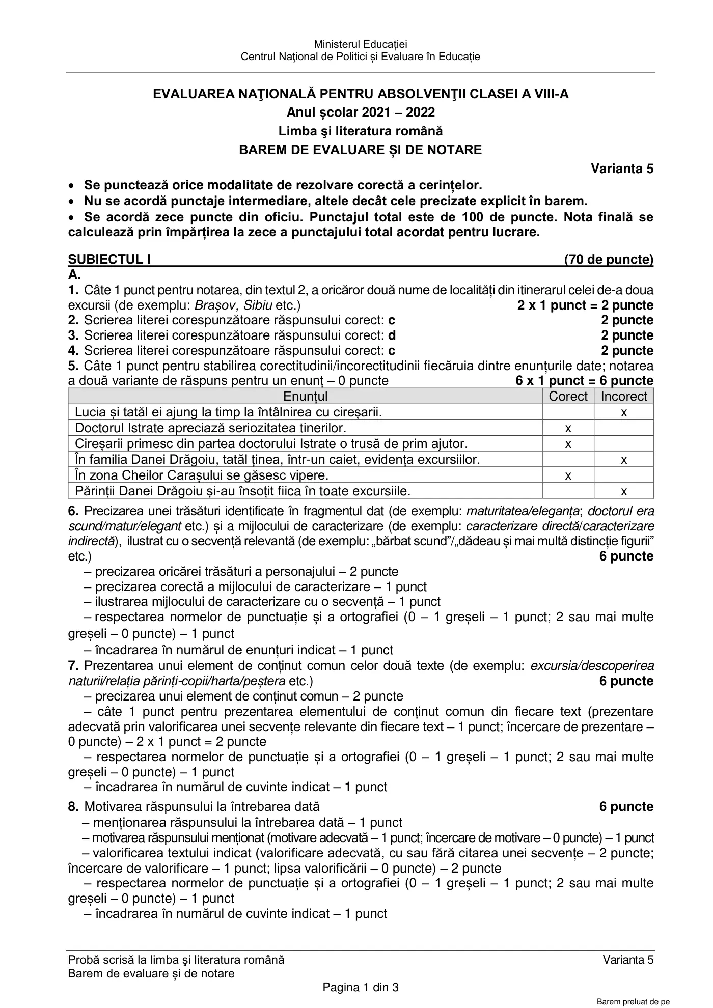Pagina 1 din baremul pentru subiect de rezervă, limba și literatura română, 14 iunie 2022