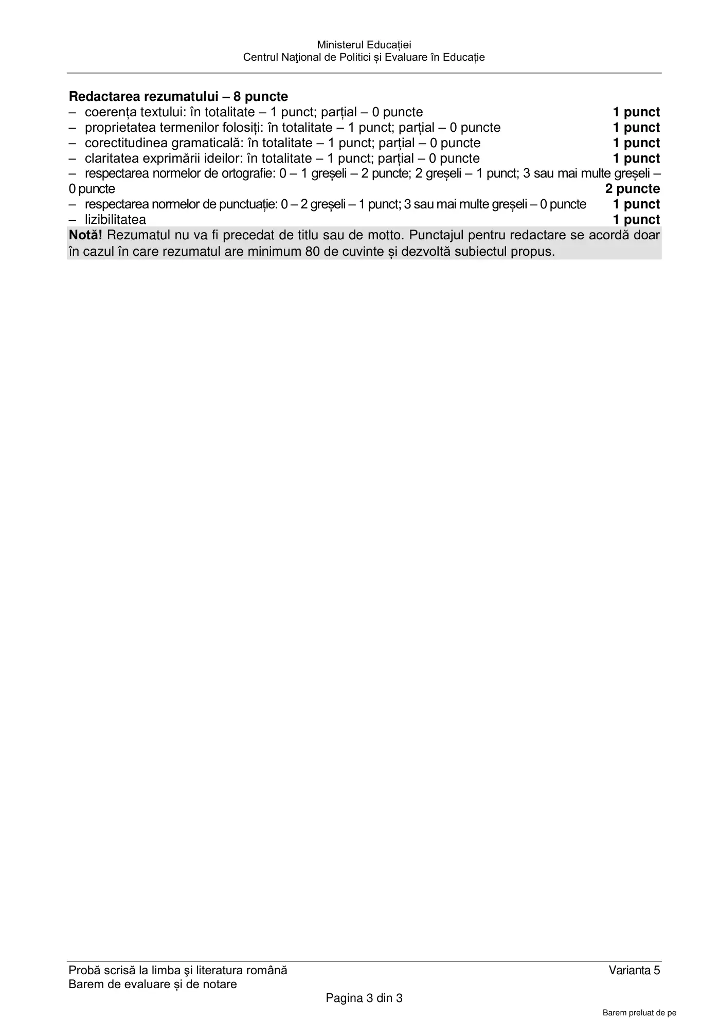 Pagina 3 din baremul pentru subiect de rezervă, limba și literatura română, 14 iunie 2022