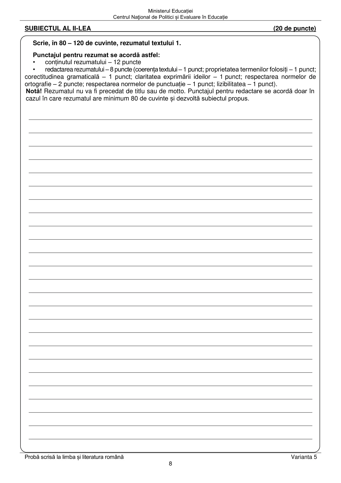 Pagina 8 din subiectul subiect de rezervă, limba și literatura română, 14 iunie 2022