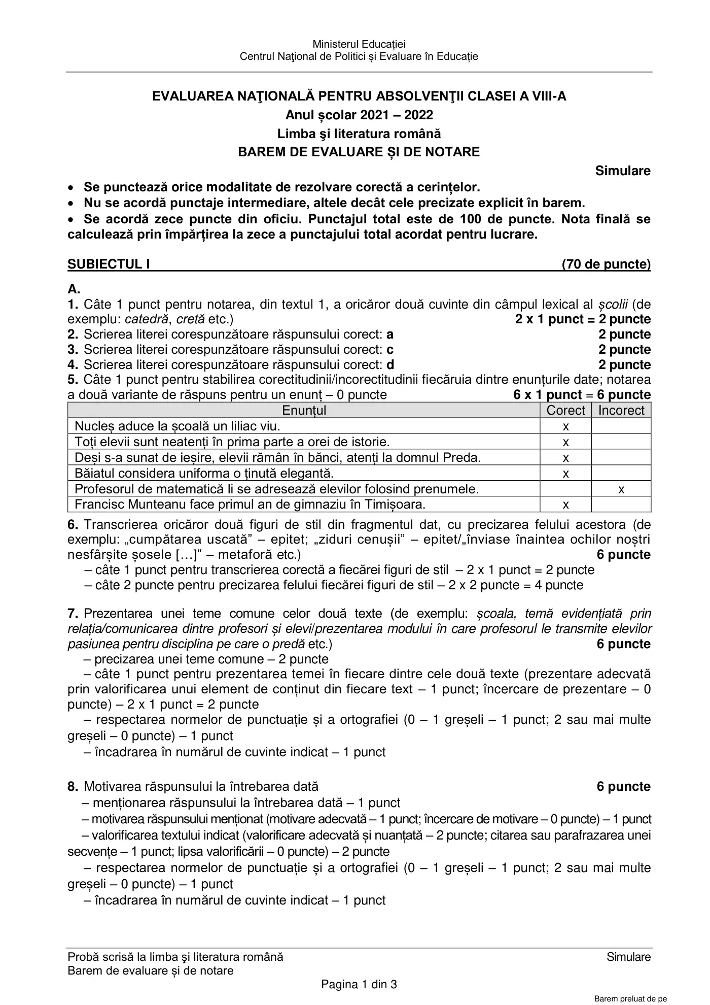 Pagina 1 din baremul pentru simulare națională, limba și literatura română, 4 aprilie 2022