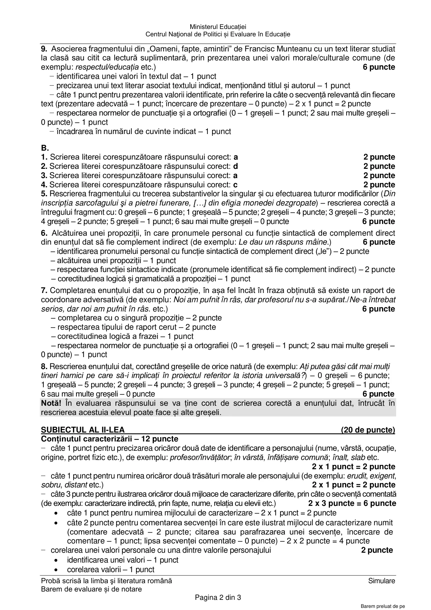 Pagina 2 din baremul pentru simulare națională, limba și literatura română, 4 aprilie 2022
