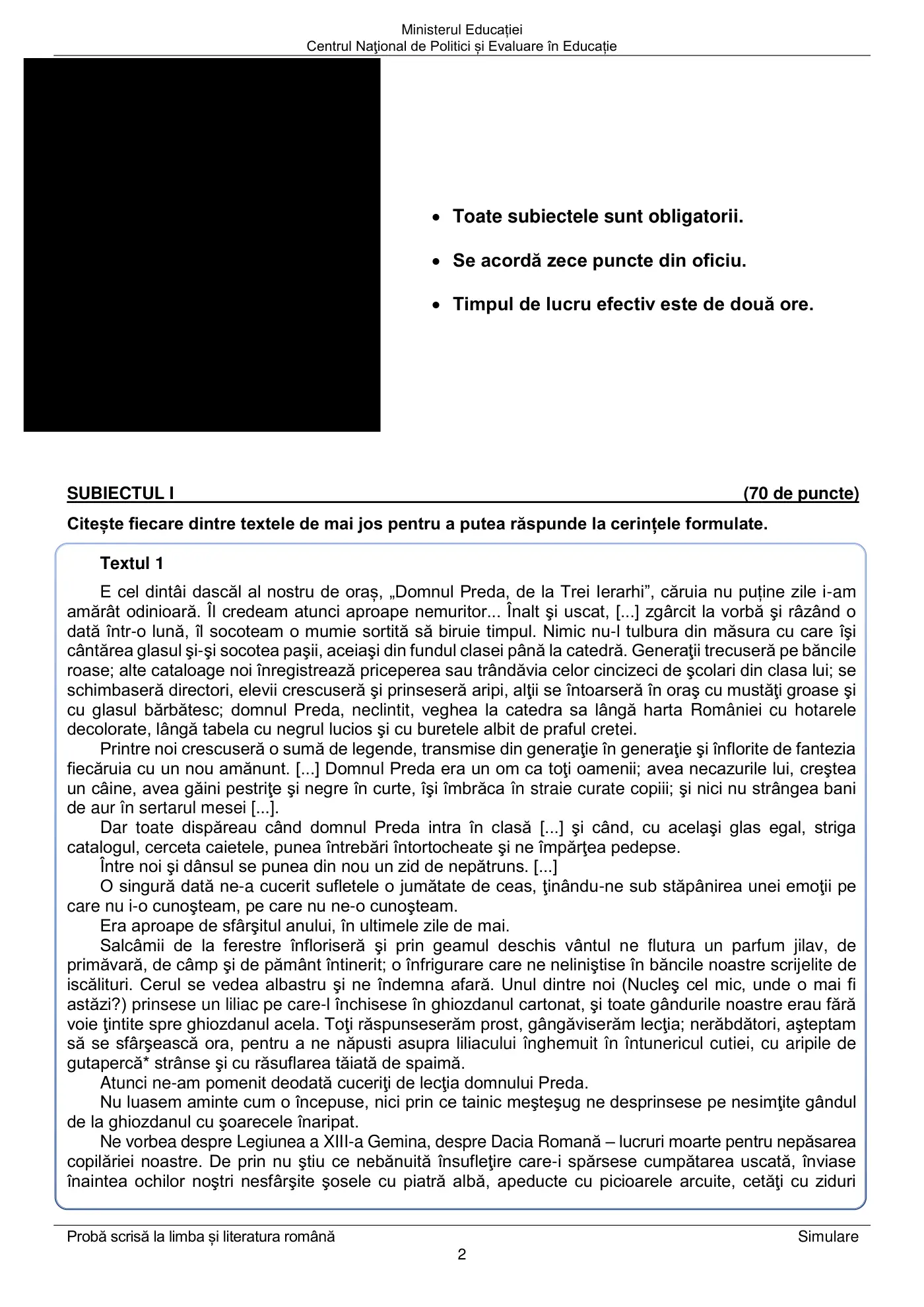 Pagina 2 din subiectul simulare națională, limba și literatura română, 4 aprilie 2022