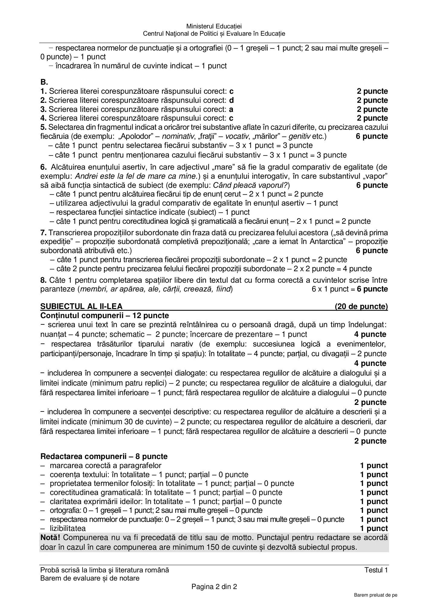 Pagina 2 din baremul pentru test de antrenament 1, limba și literatura română, aprilie 2022