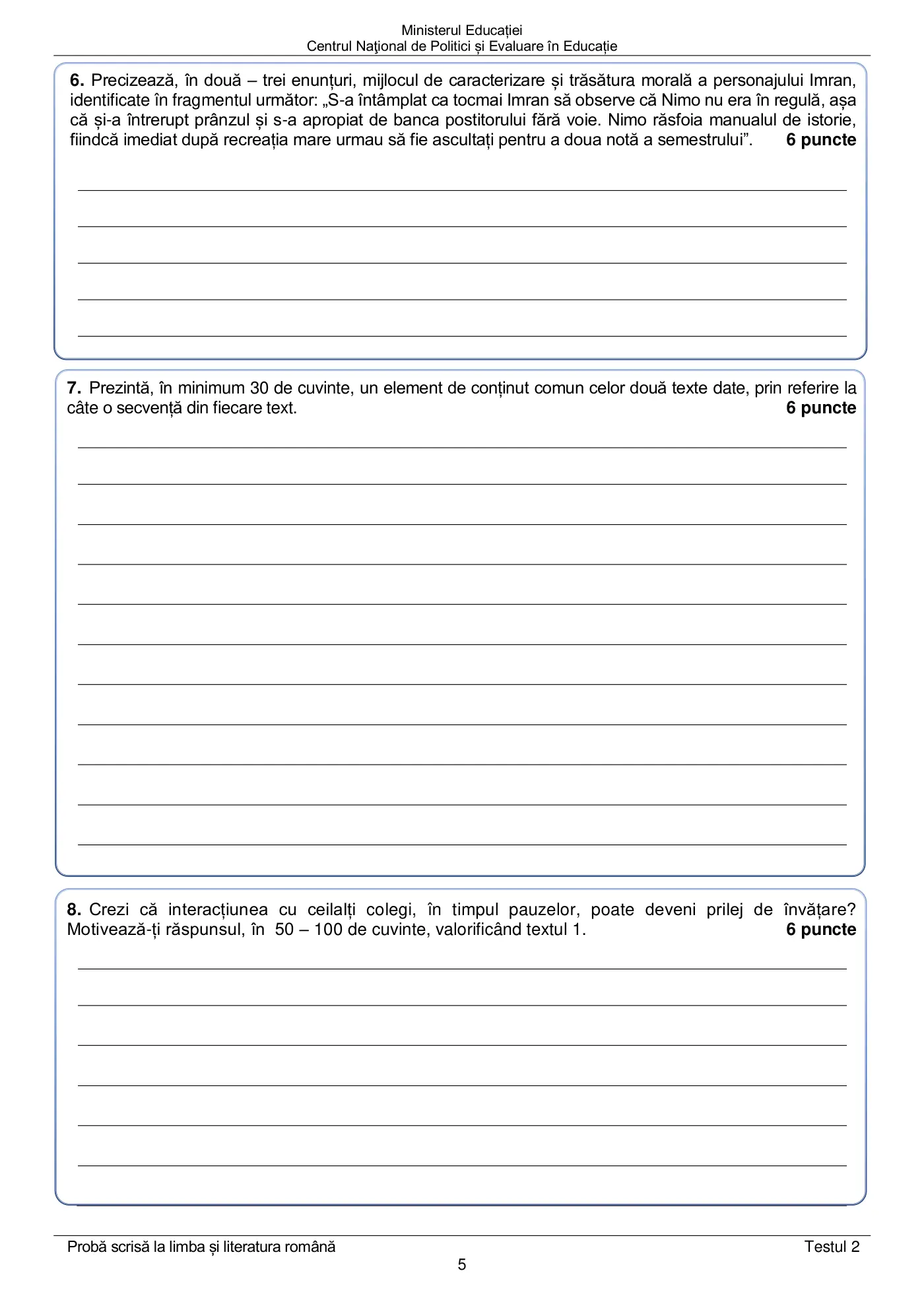 Pagina 5 din subiectul test de antrenament 2, limba și literatura română, mai 2022