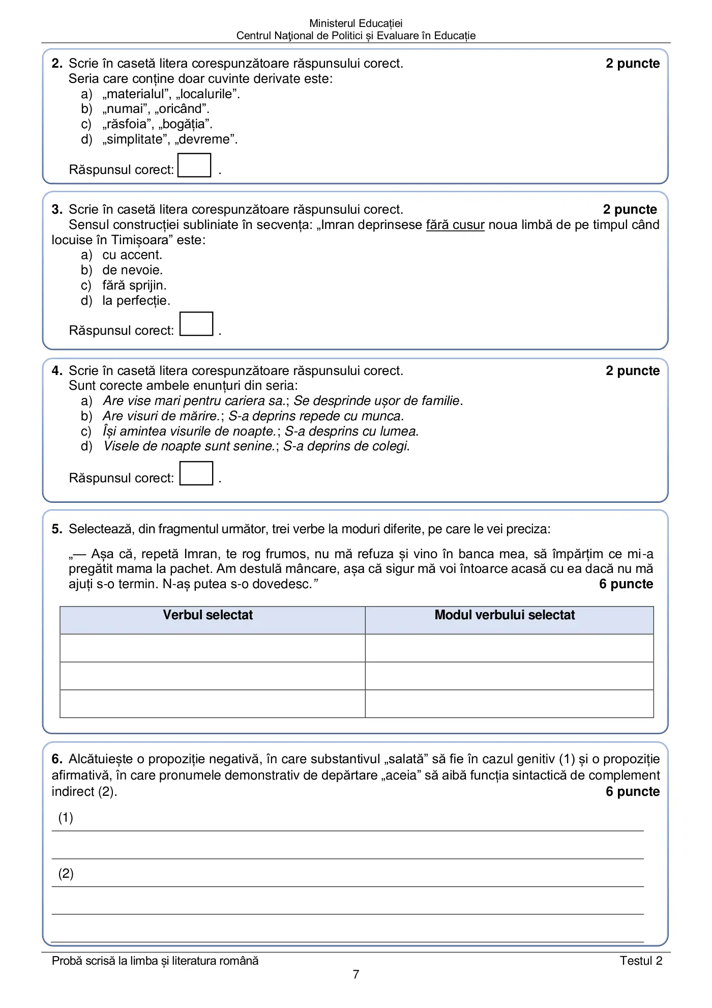 Pagina 7 din subiectul test de antrenament 2, limba și literatura română, mai 2022