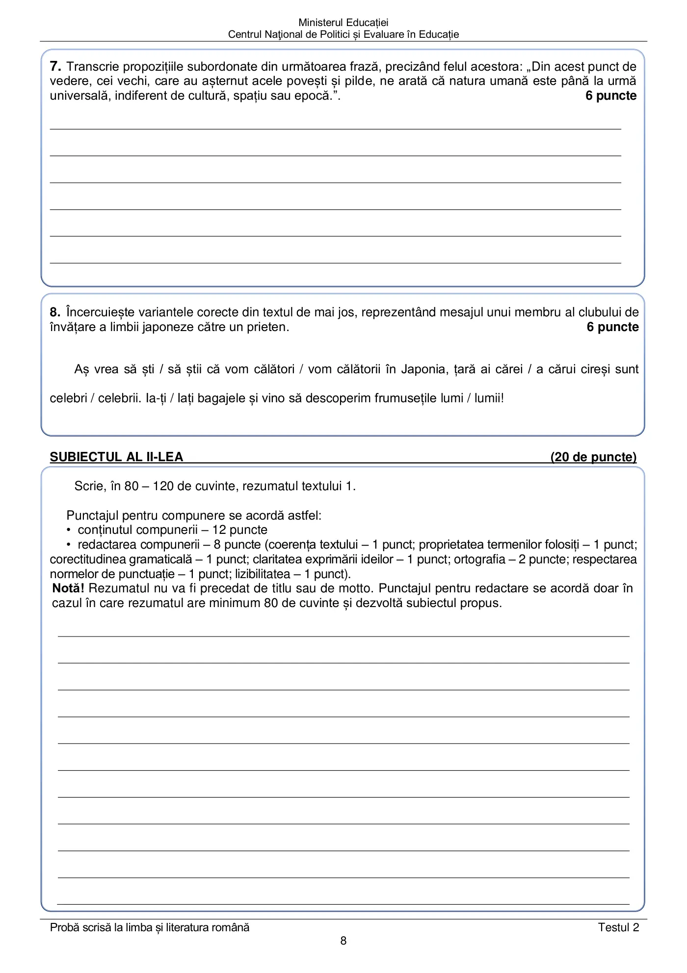 Pagina 8 din subiectul test de antrenament 2, limba și literatura română, mai 2022