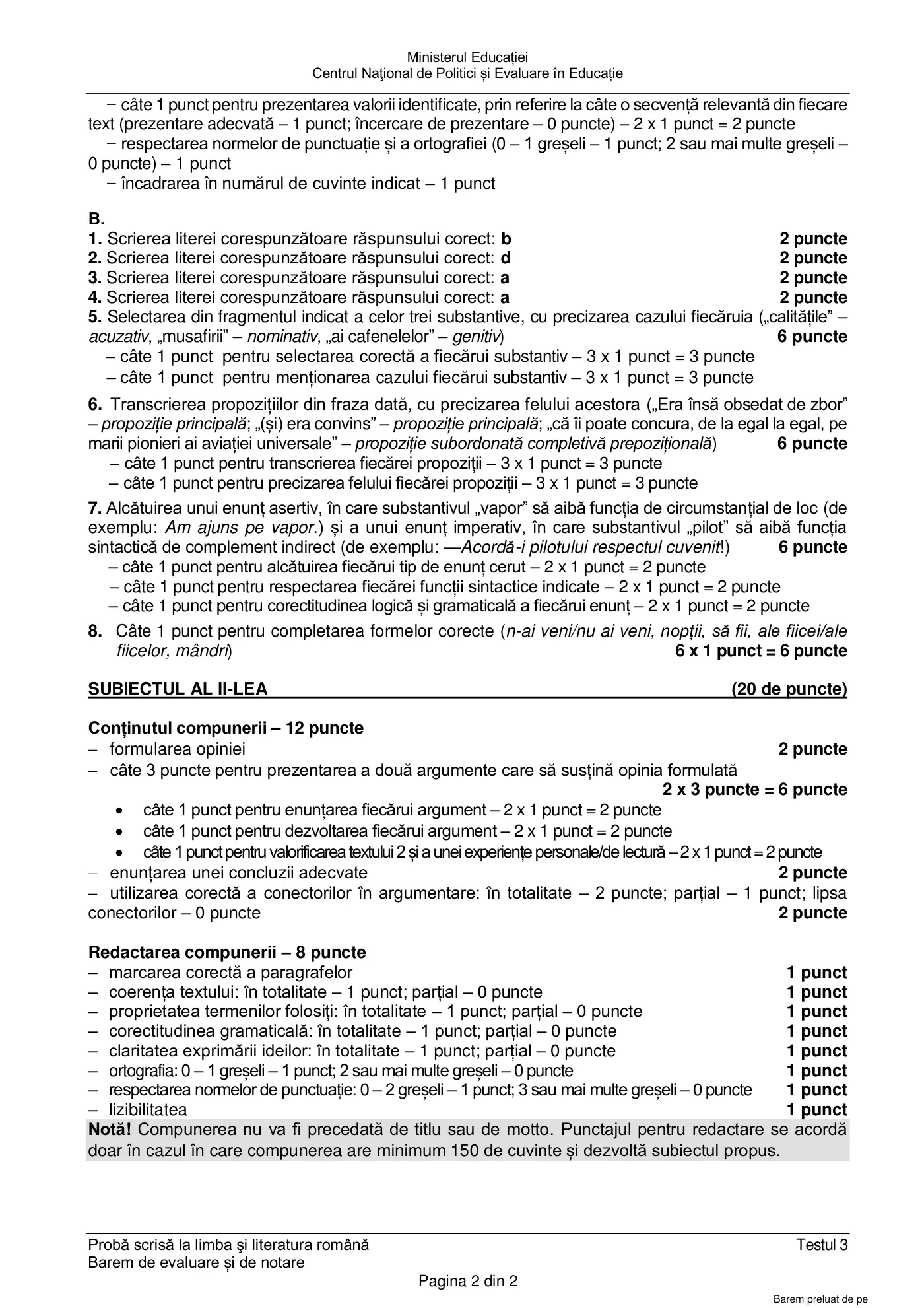 Pagina 2 din baremul pentru test de antrenament 3, limba și literatura română, mai 2022
