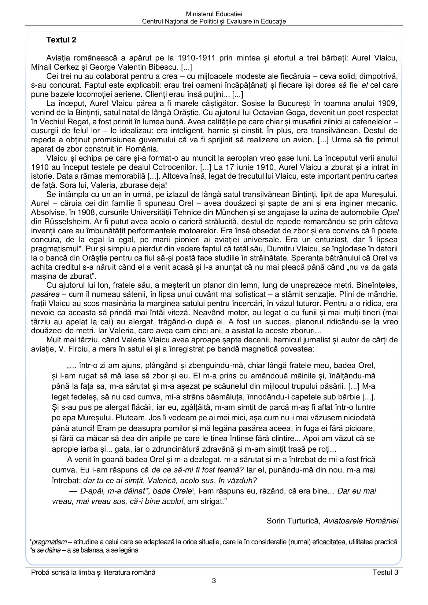 Pagina 3 din subiectul test de antrenament 3, limba și literatura română, mai 2022