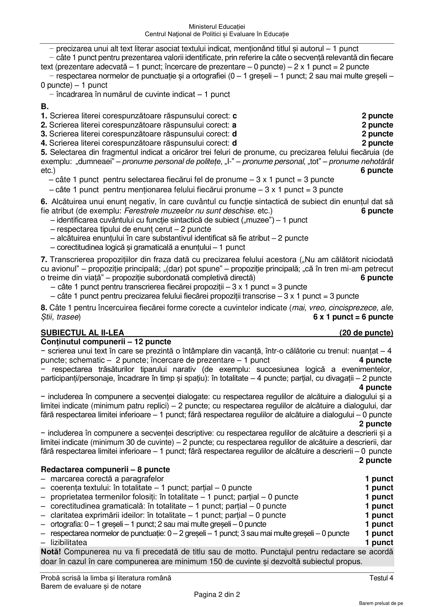 Pagina 2 din baremul pentru test de antrenament 4, limba și literatura română, mai 2022