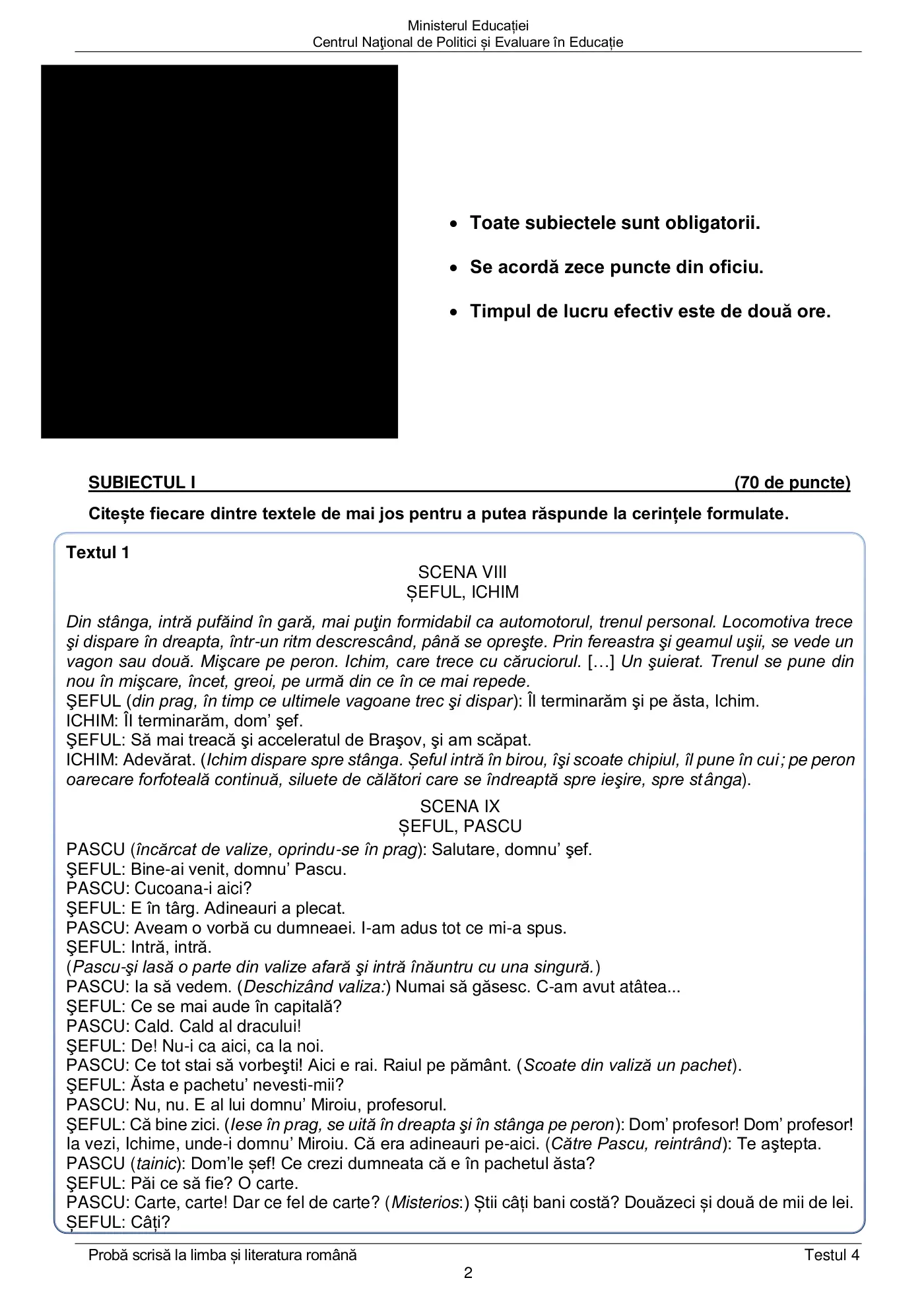 Pagina 2 din subiectul test de antrenament 4, limba și literatura română, mai 2022