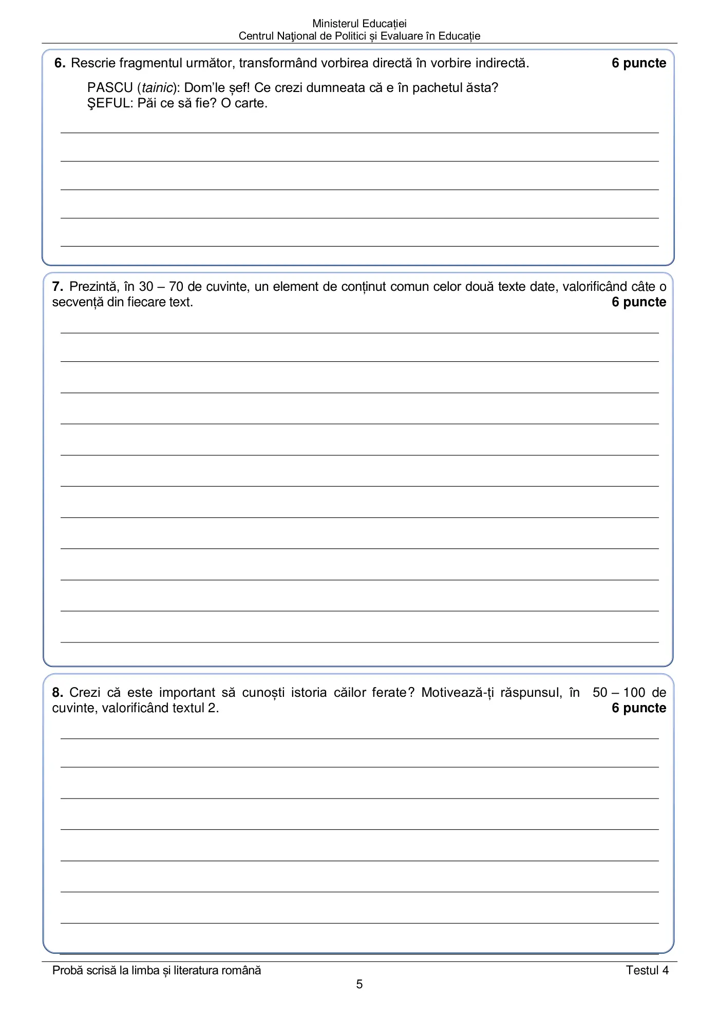 Pagina 5 din subiectul test de antrenament 4, limba și literatura română, mai 2022