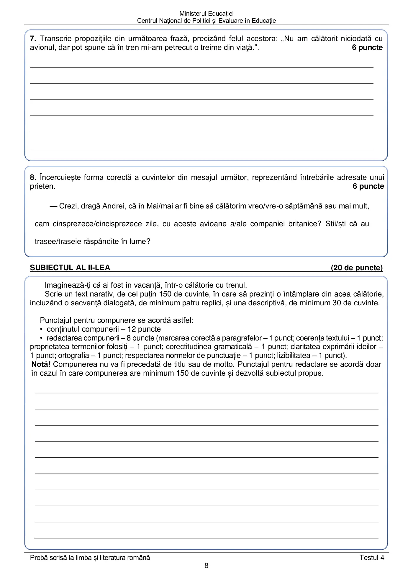 Pagina 8 din subiectul test de antrenament 4, limba și literatura română, mai 2022