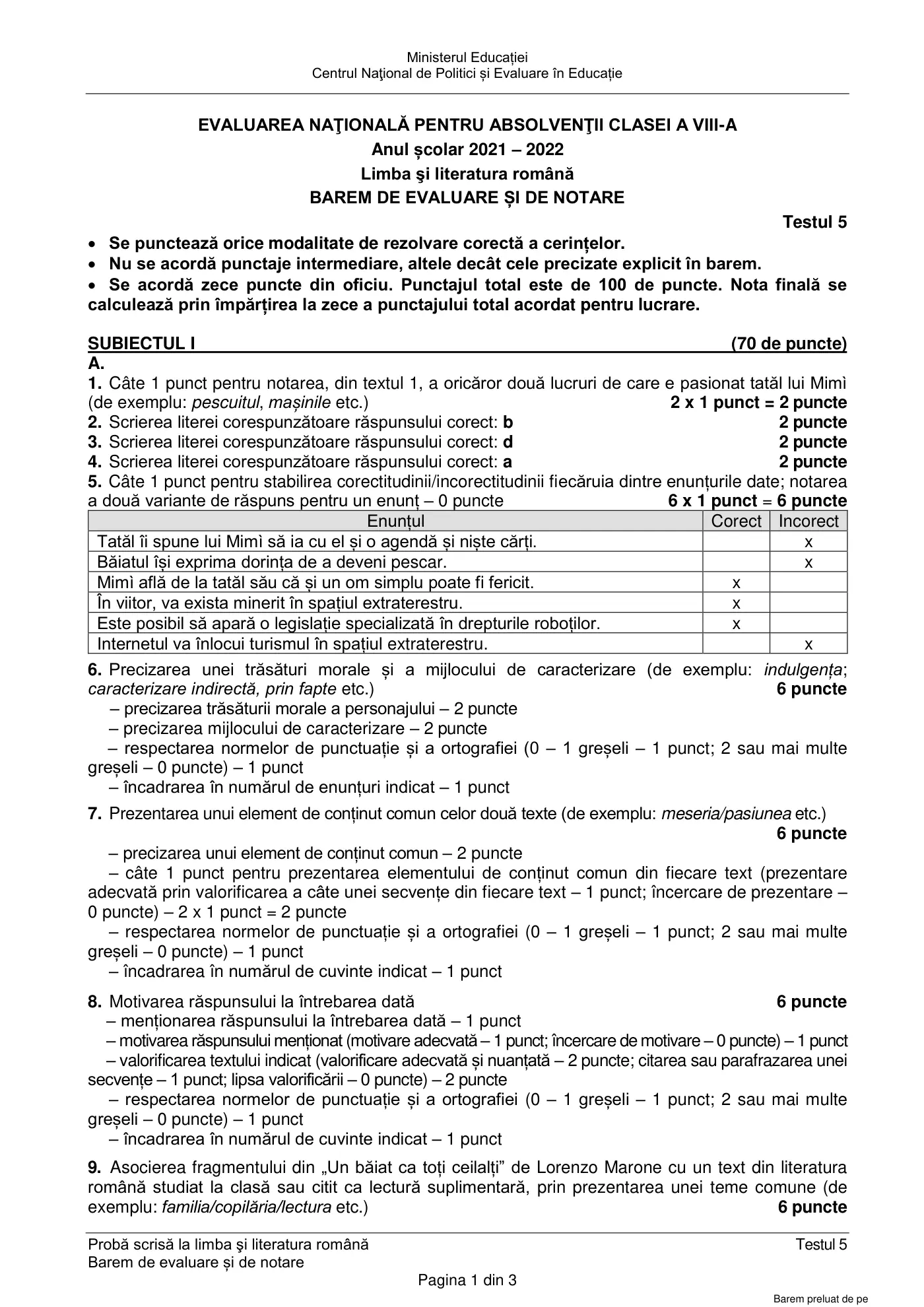Pagina 1 din baremul pentru test de antrenament 5, limba și literatura română, mai 2022