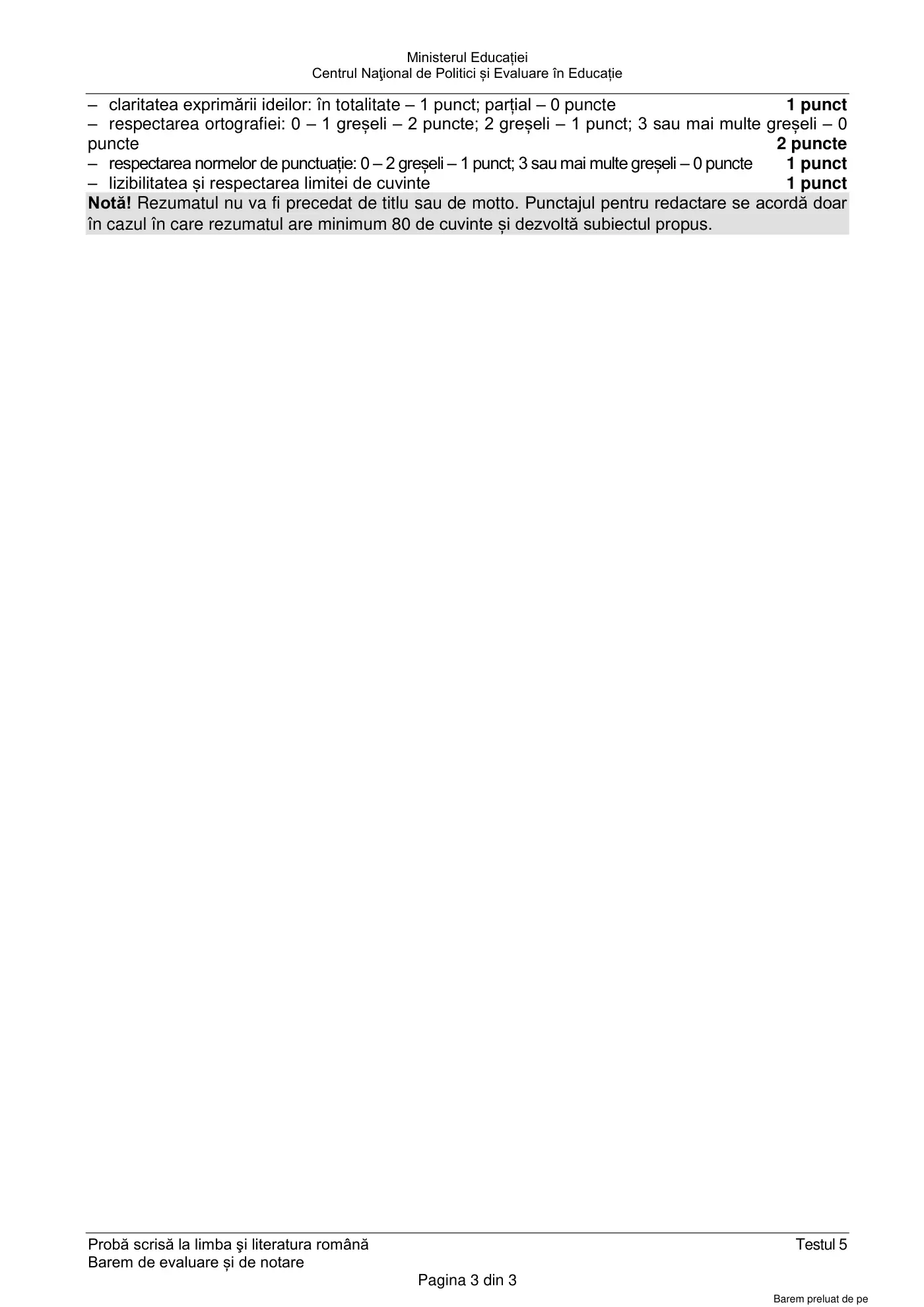 Pagina 3 din baremul pentru test de antrenament 5, limba și literatura română, mai 2022