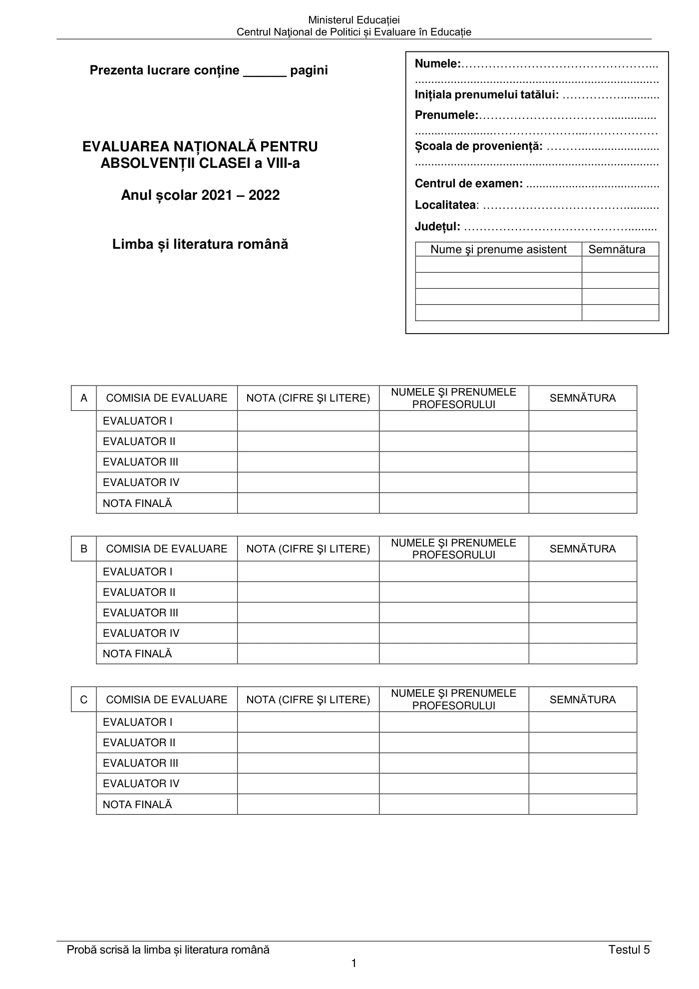 Pagina 1 din subiectul test de antrenament 5, limba și literatura română, mai 2022