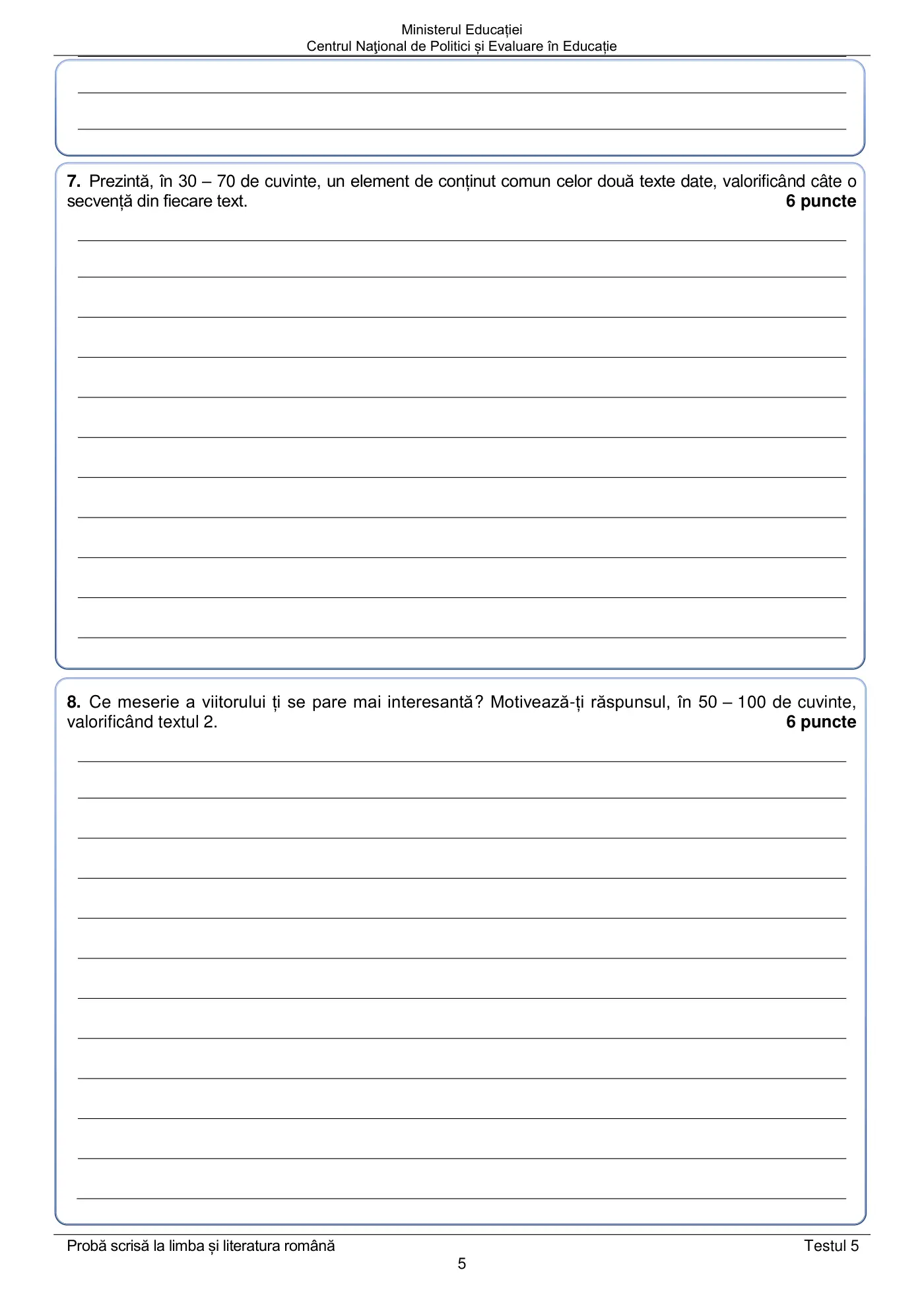 Pagina 5 din subiectul test de antrenament 5, limba și literatura română, mai 2022