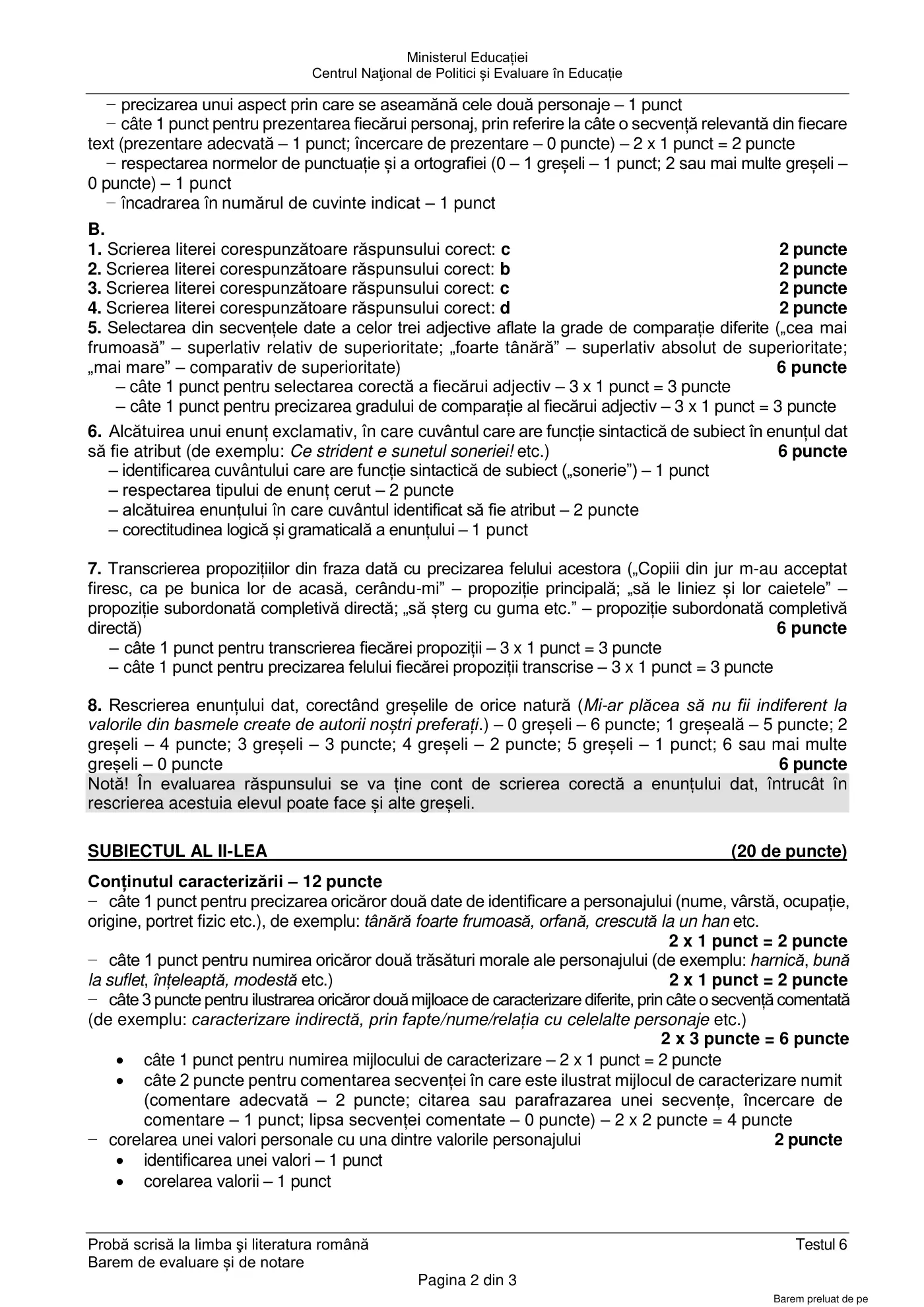 Pagina 2 din baremul pentru test de antrenament 6, limba și literatura română, mai 2022