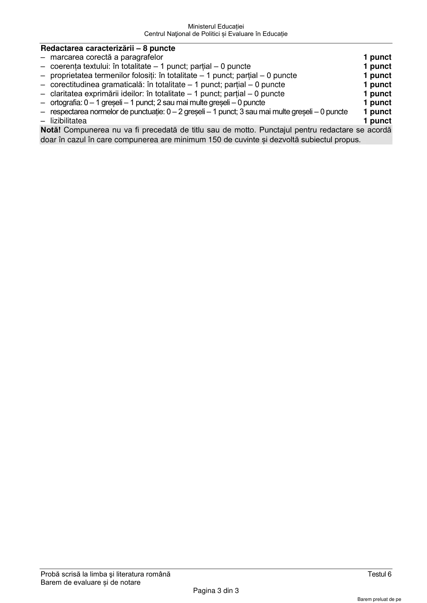 Pagina 3 din baremul pentru test de antrenament 6, limba și literatura română, mai 2022