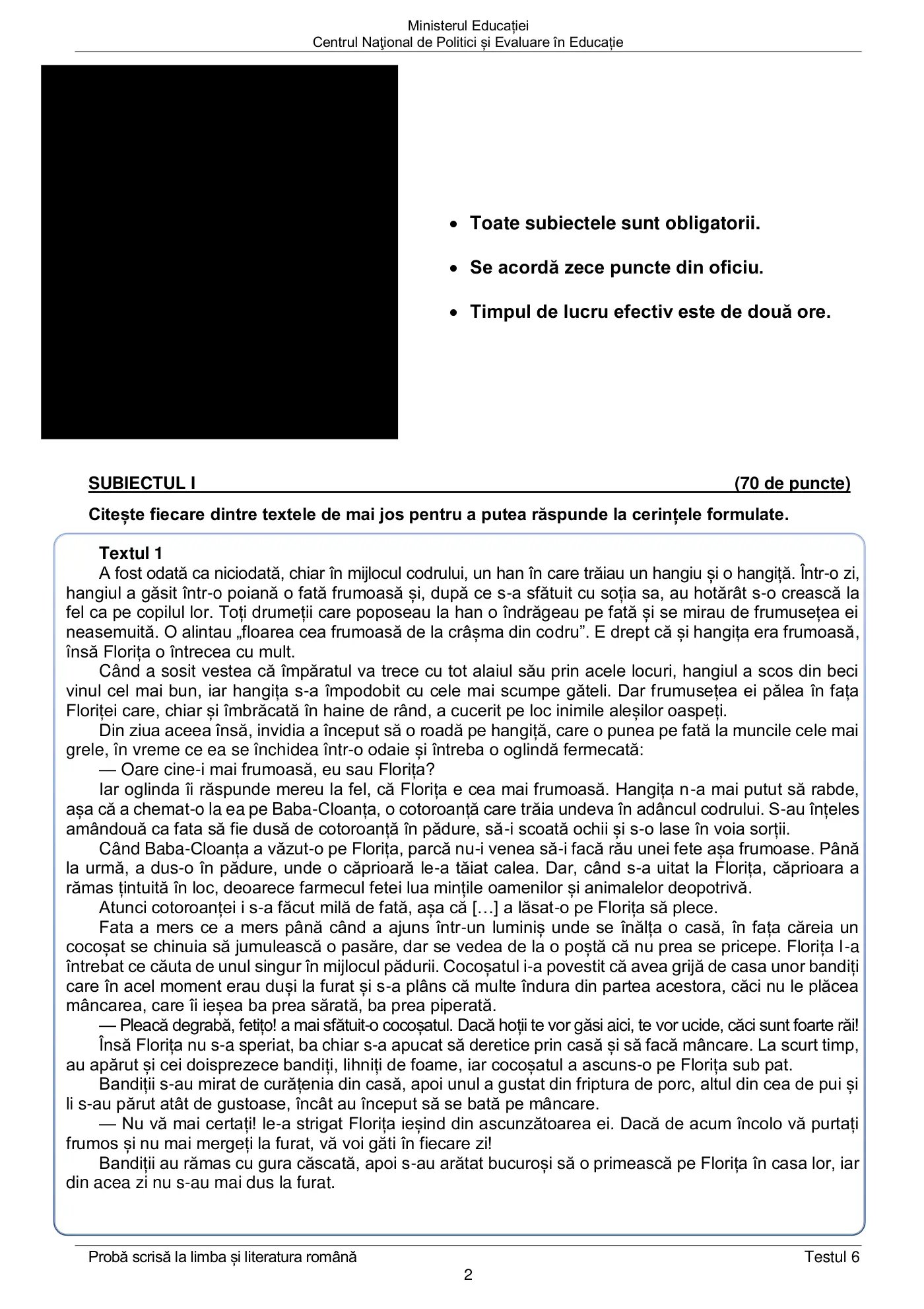 Pagina 2 din subiectul test de antrenament 6, limba și literatura română, mai 2022