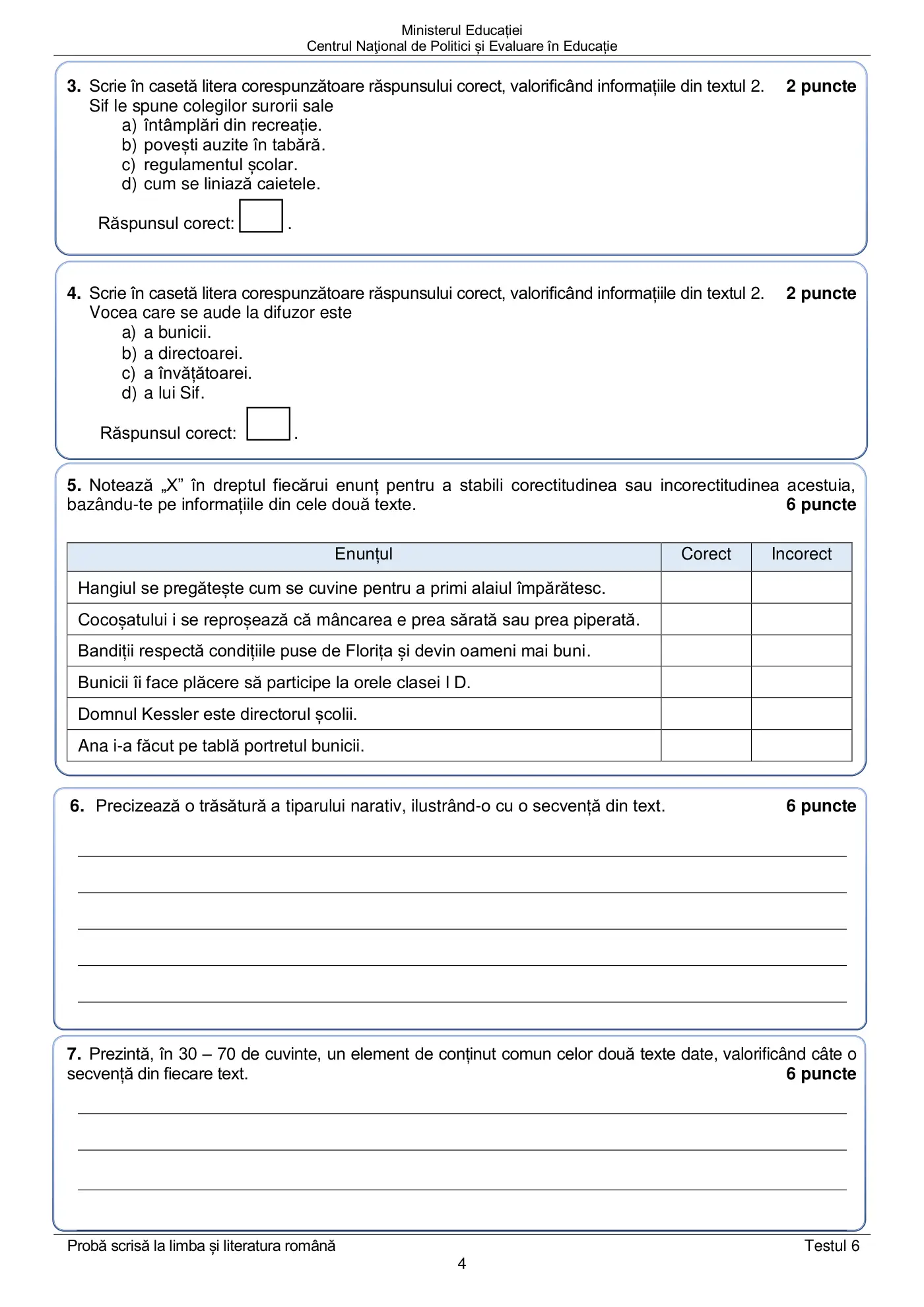 Pagina 4 din subiectul test de antrenament 6, limba și literatura română, mai 2022