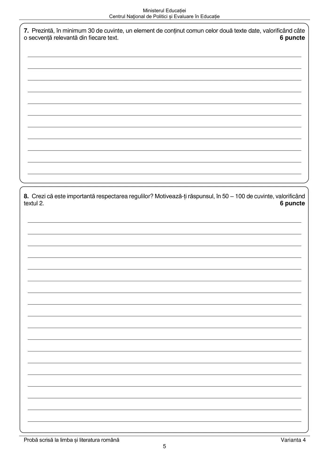 Pagina 5 din subiectul examen oficial (sesiunea iunie), limba și literatura română, 19 iunie 2023