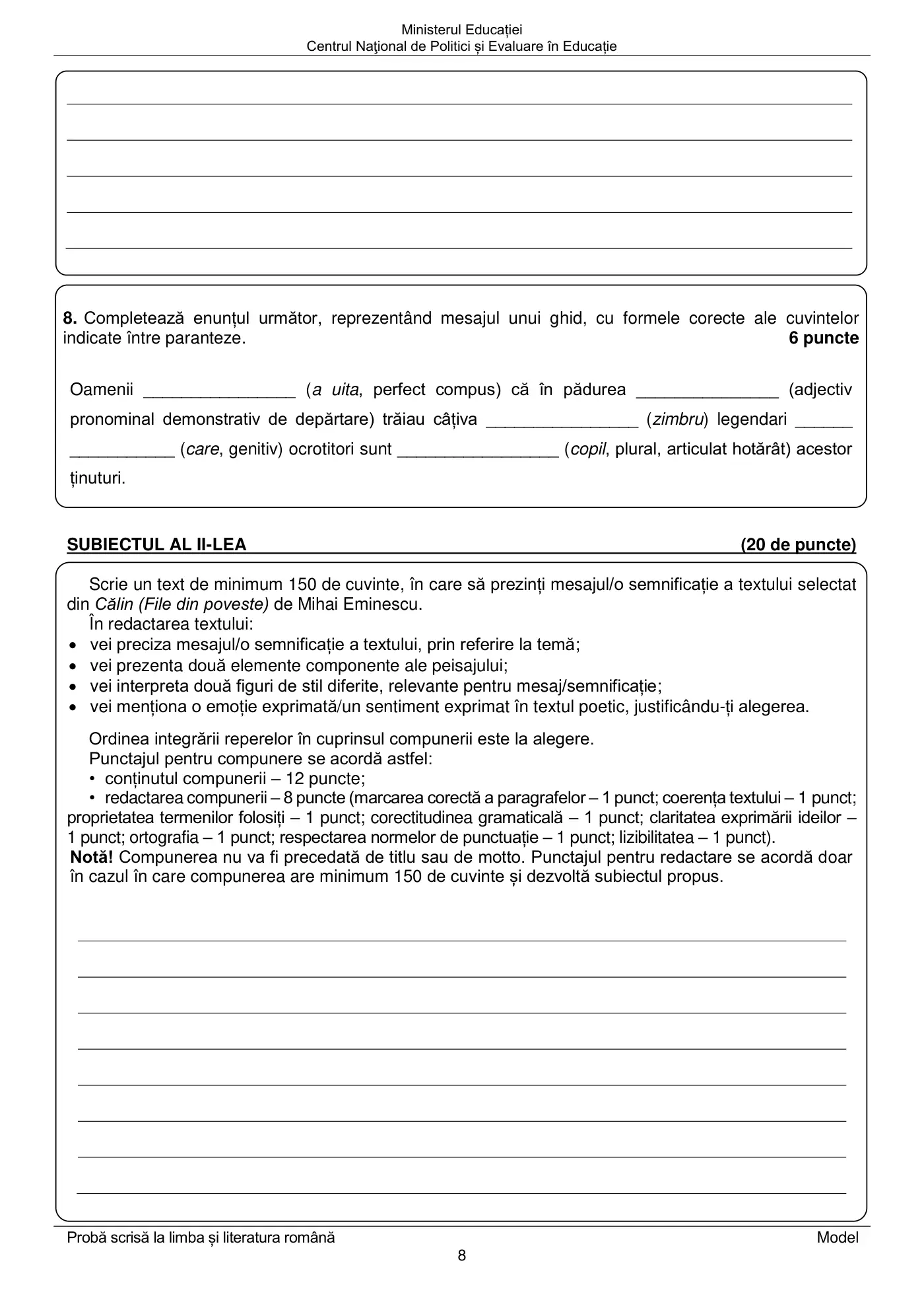 Pagina 8 din subiectul model oficial, limba și literatura română, noiembrie 2022