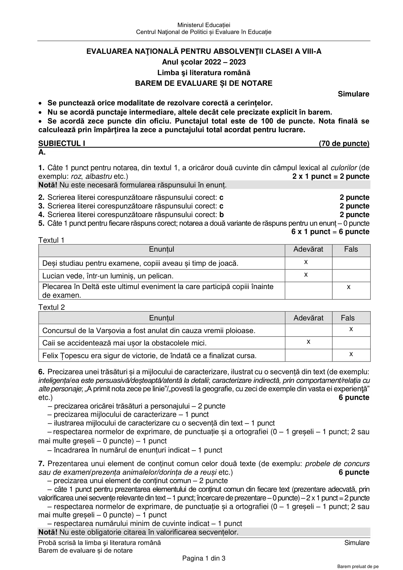 Pagina 1 din baremul pentru simulare națională, limba și literatura română, 20 martie 2023