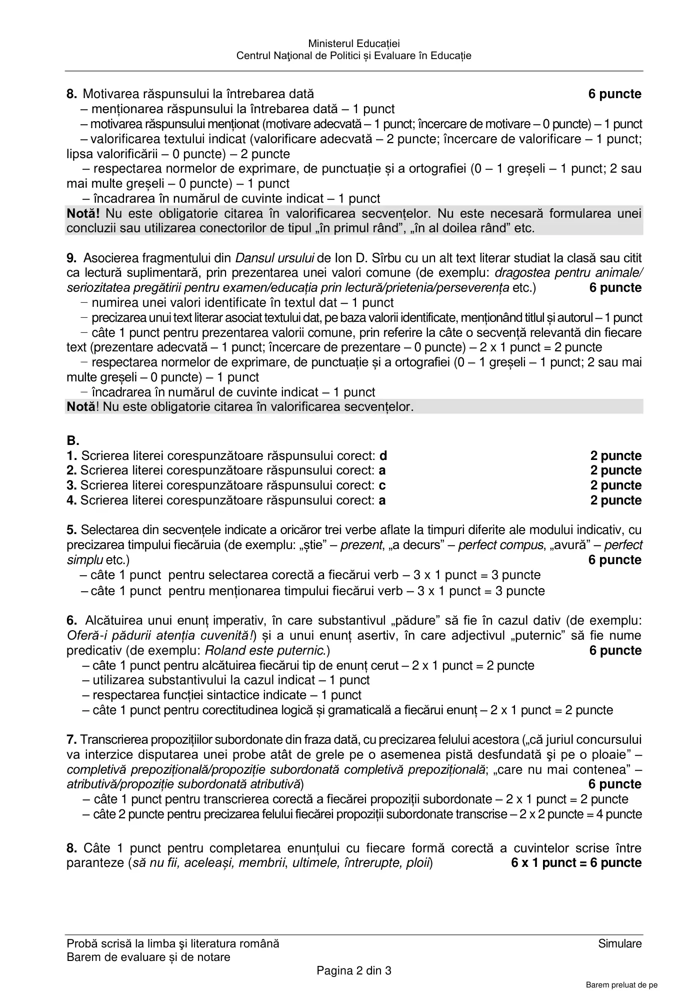 Pagina 2 din baremul pentru simulare națională, limba și literatura română, 20 martie 2023