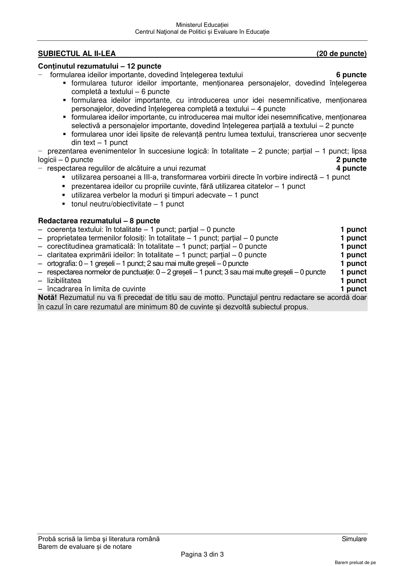 Pagina 3 din baremul pentru simulare națională, limba și literatura română, 20 martie 2023