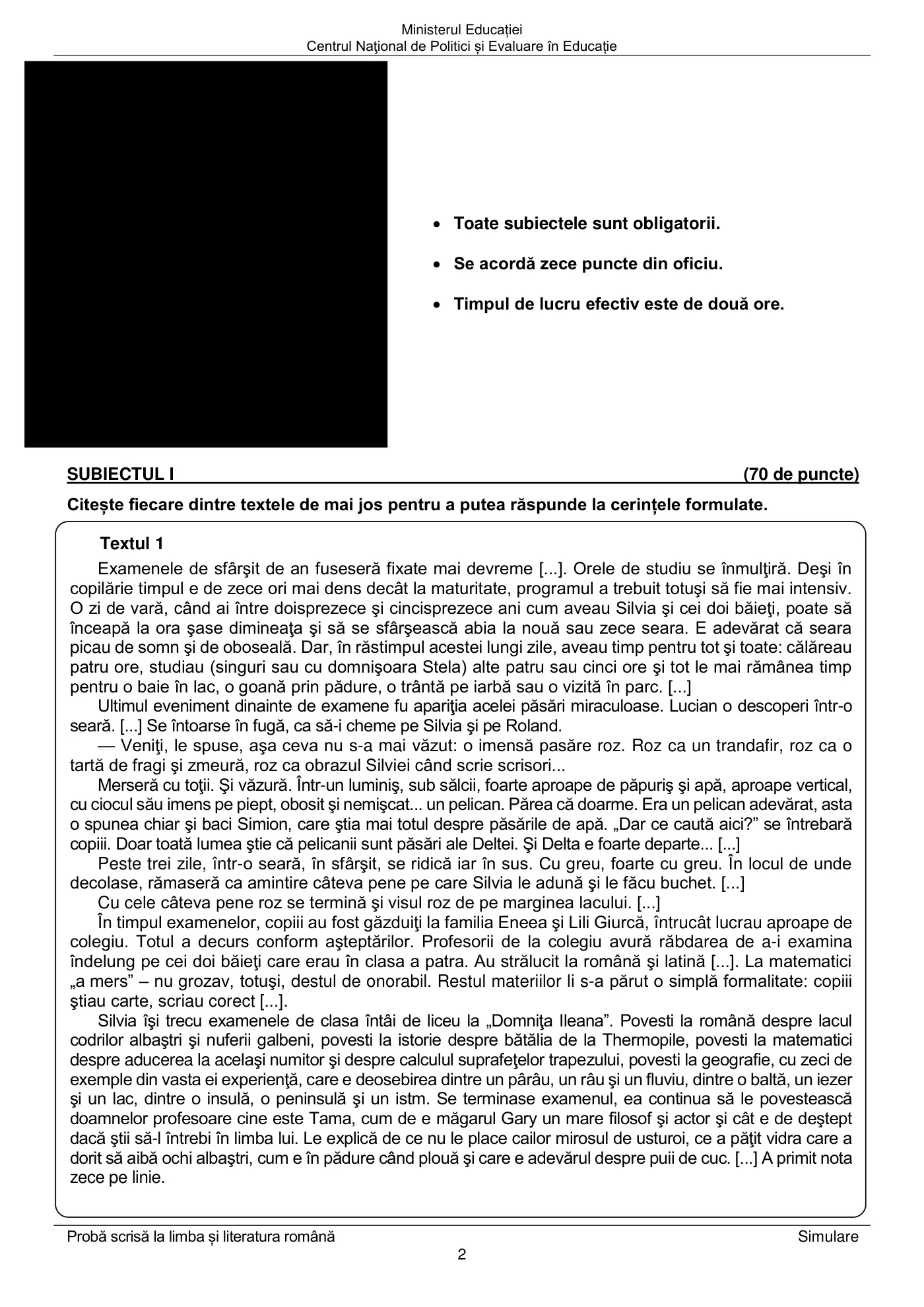 Pagina 2 din subiectul simulare națională, limba și literatura română, 20 martie 2023