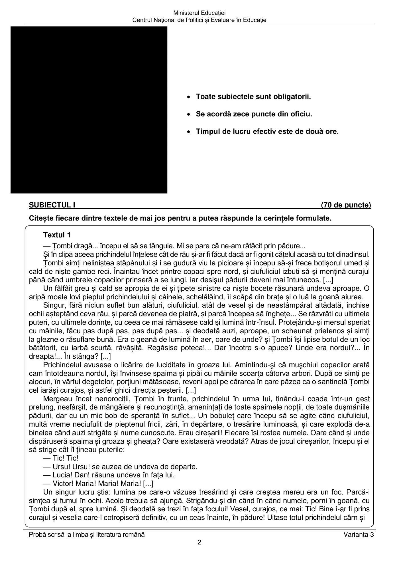 Pagina 2 din subiectul examen oficial (sesiunea iunie), limba și literatura română, 25 iunie 2024