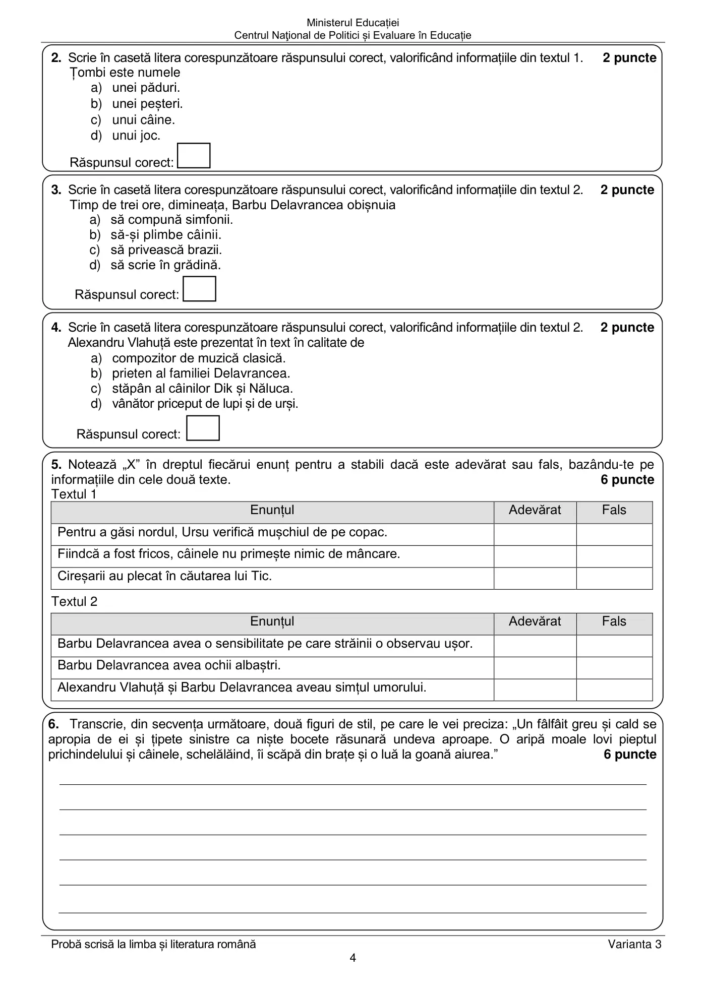 Pagina 4 din subiectul examen oficial (sesiunea iunie), limba și literatura română, 25 iunie 2024