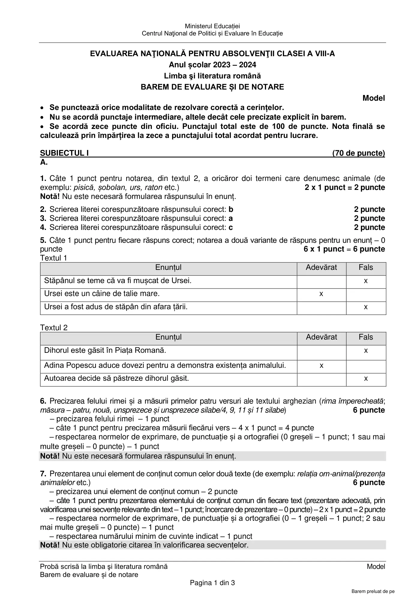 Pagina 1 din baremul pentru model oficial, limba și literatura română, noiembrie 2023