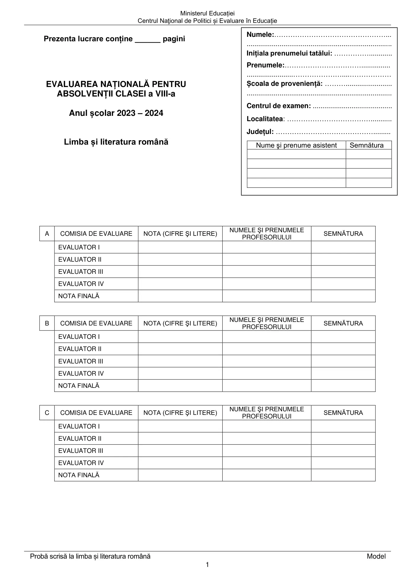 Pagina 1 din subiectul model oficial, limba și literatura română, noiembrie 2023
