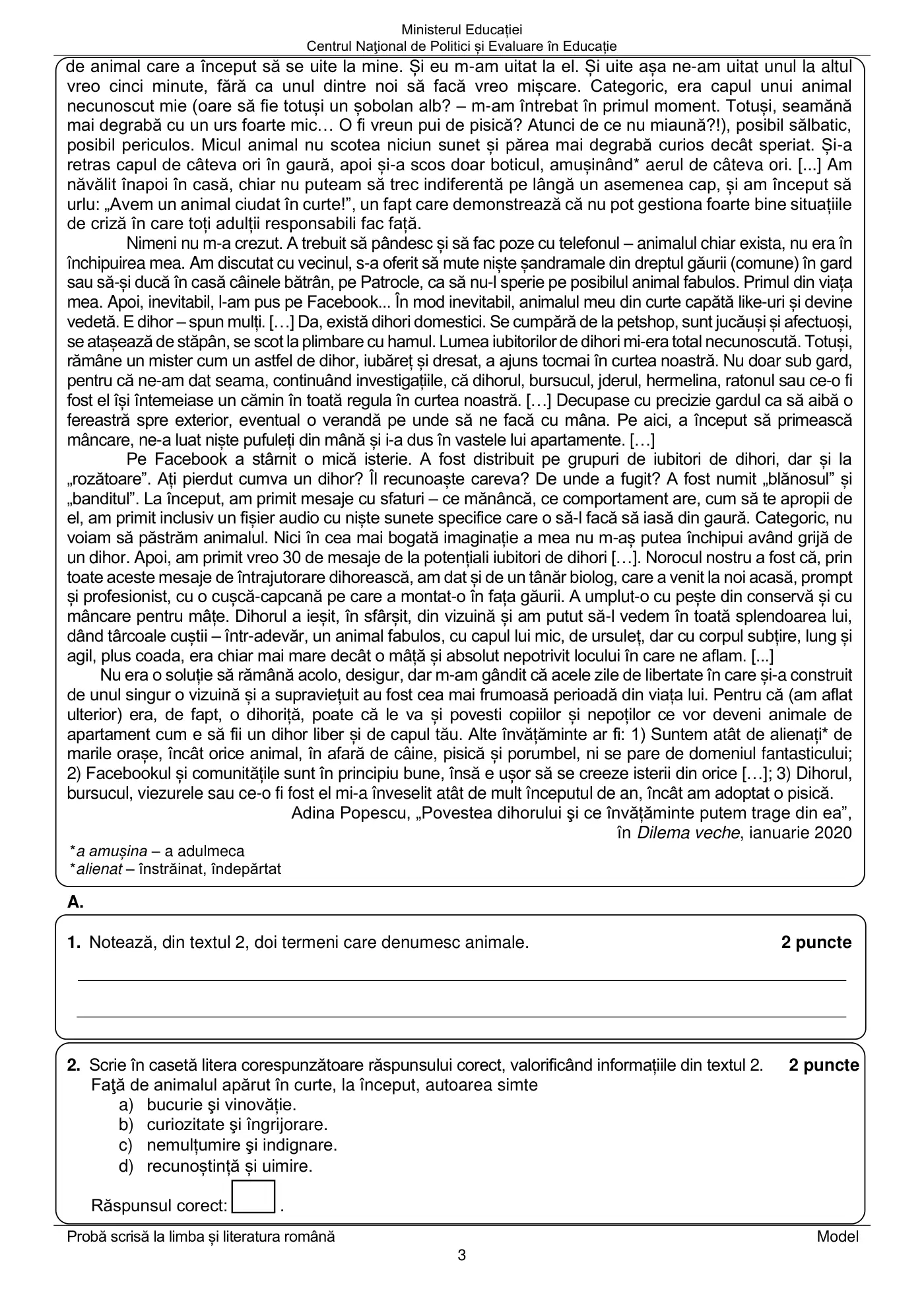 Pagina 3 din subiectul model oficial, limba și literatura română, noiembrie 2023